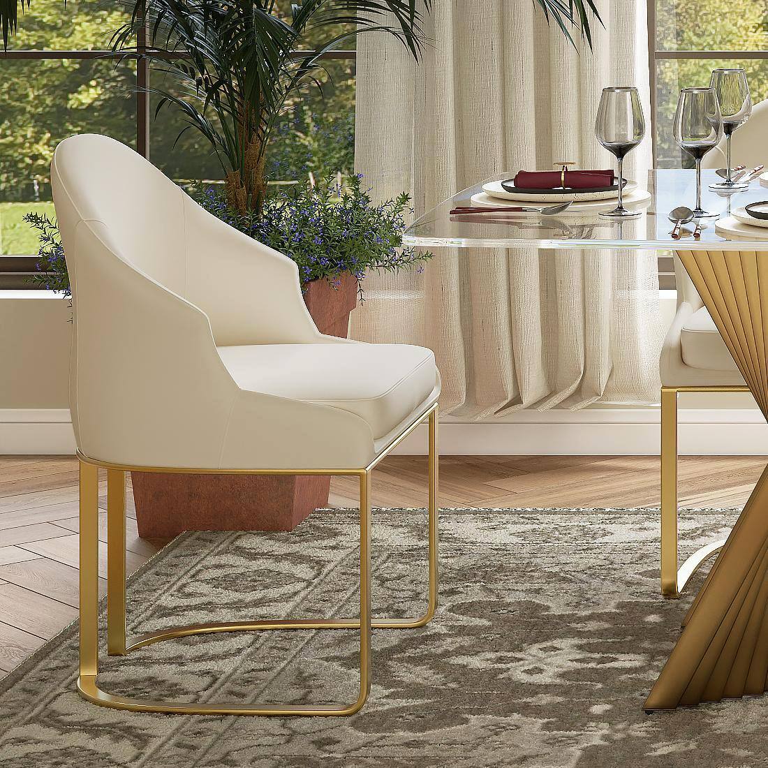 Back. POVISON - Modern Luxury Upholstered Beige Dining Chairs Set of 2, Boucle Dining Chairs, Low Back Dining Chairs with Gold Legs - Green PU Leather.