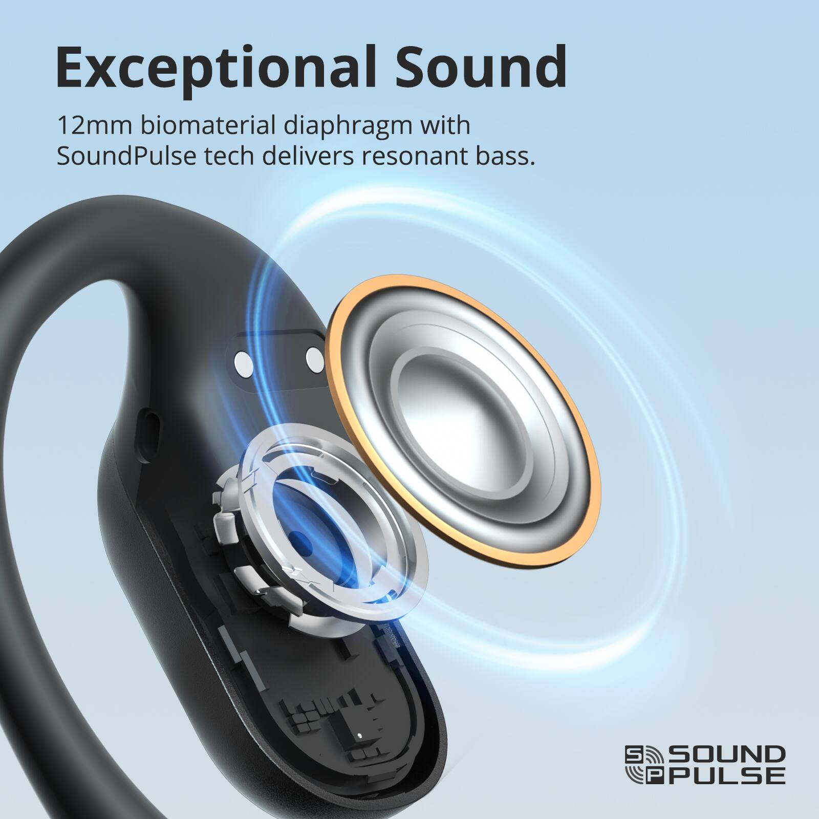 Exceptional Sound 12mm biomaterial diaphragm with SoundPulse tech delivers resonant bass. SOUND PULSE