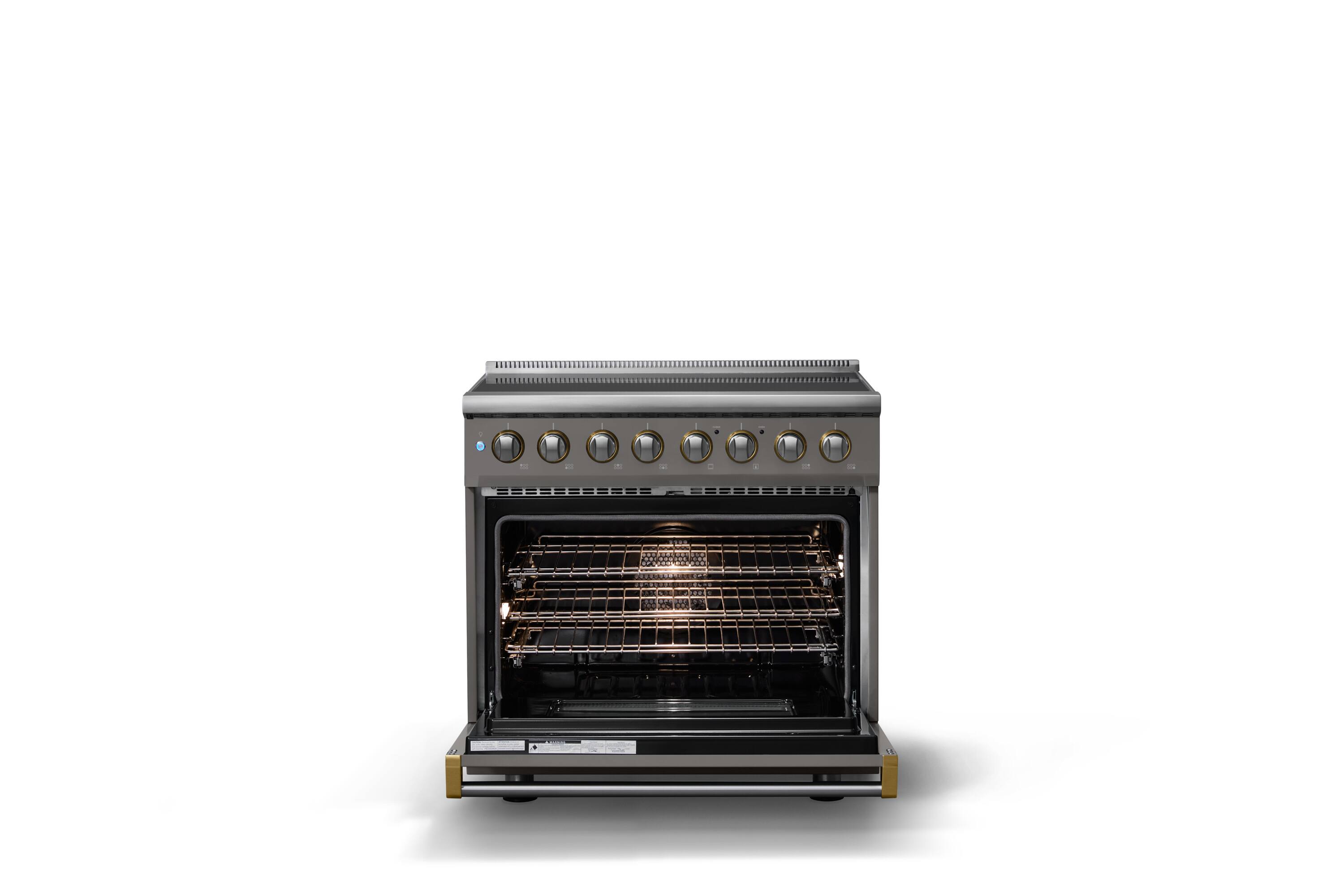 Alt View 2. Viking - 36 in. Wide 6 Elements Pro 5 Series 5.6 Cu.Ft. Freestanding Induction Convection Range with Brushed Brass Trim - Damascus Gray.