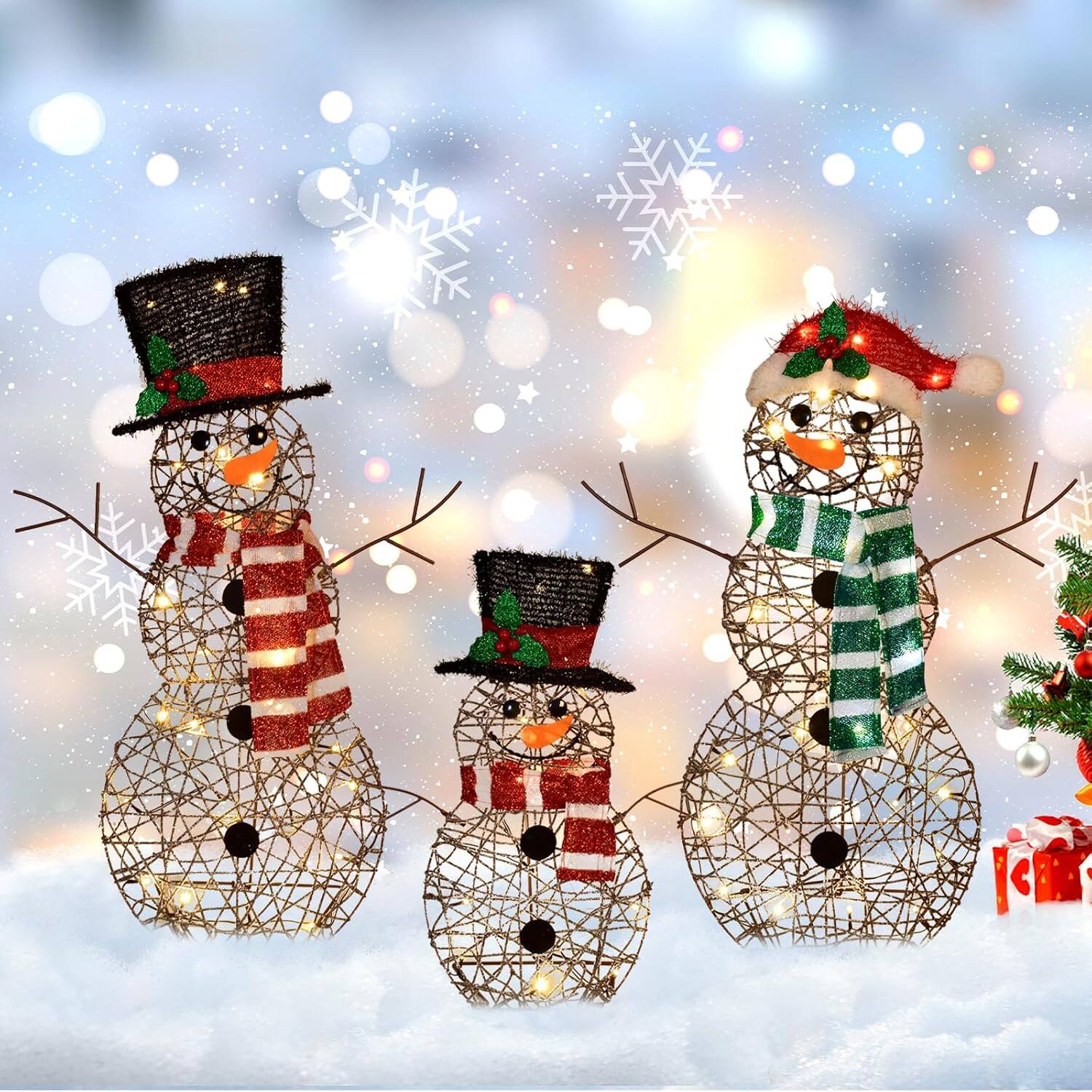 Front. Oumilen - 3-Piece Lighted Christmas Rattan Snowman Family Yard Decor – 2D Pre-Lit Set with LED Lights.