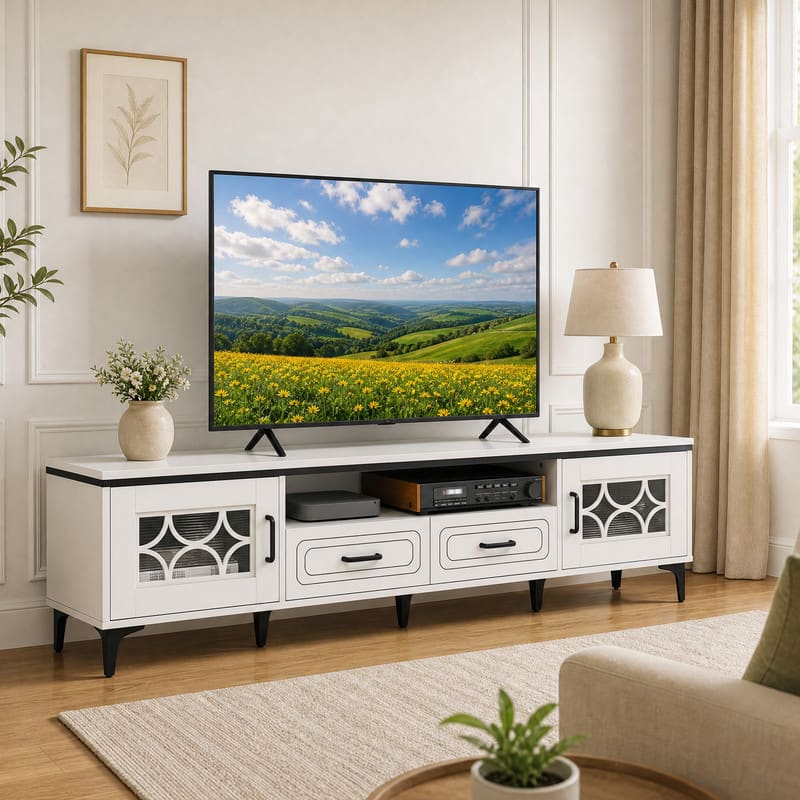 WELLFOR - Farmhouse Entertainment Center with 2 Drawers& 2 Doors, TV Stand for TVs up to 80 Inch for Living Room - White price history on PriceWatchPro
