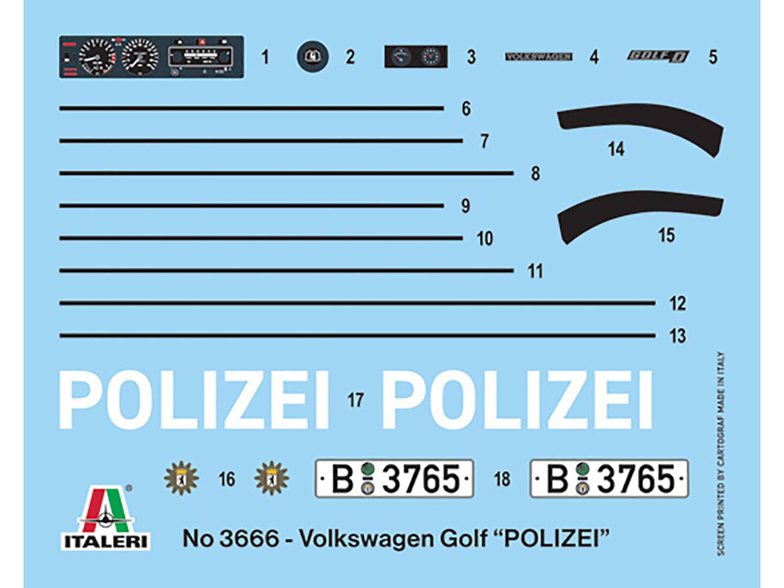 1 2 3 4 VOLKSWAGEN 5 6 7 8 14 9 10 15 11 12 13 ITALERI IN POLIZEI 17 POLIZEI MADE CARTOGRA E 16 1  3765 18  3765 BY A PRINTED ITALERI No 3666 - Volkswagen Golf "POLIZEI" SCREEN