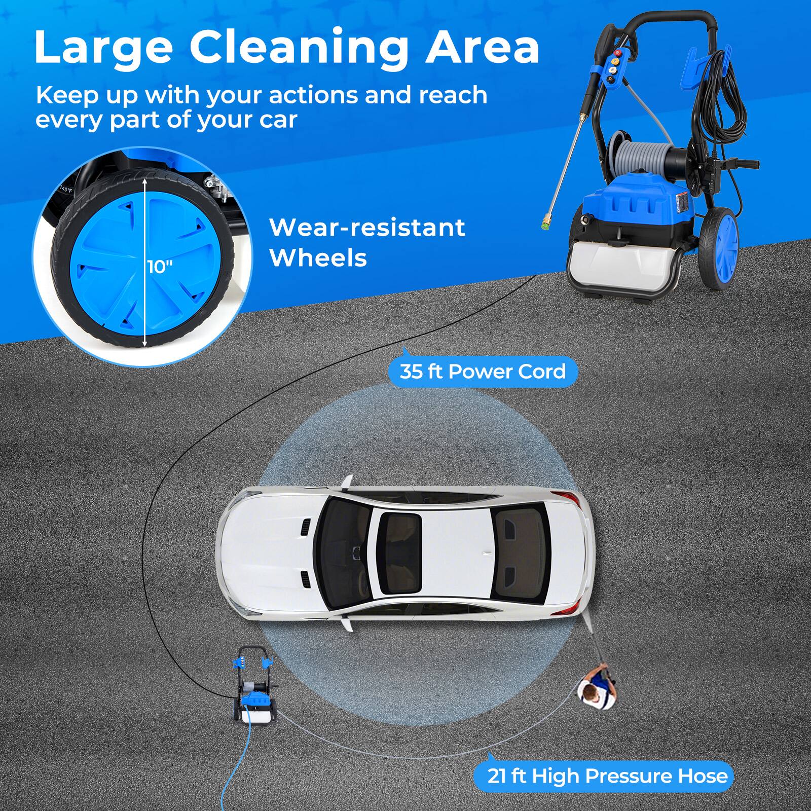 Large Cleaning Area, Keep up with your actions and reach every part of your car, 10" Wear-resistant Wheels, 35 ft Power Cord, 21 ft High Pressure Hose