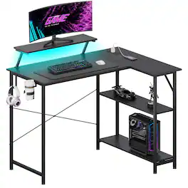GTPlayer - 42" Wide L-Shaped Gaming Desk with Power Outlets LED Lights and Reversible Storage Shelves & Hooks &Cup Holder - Black