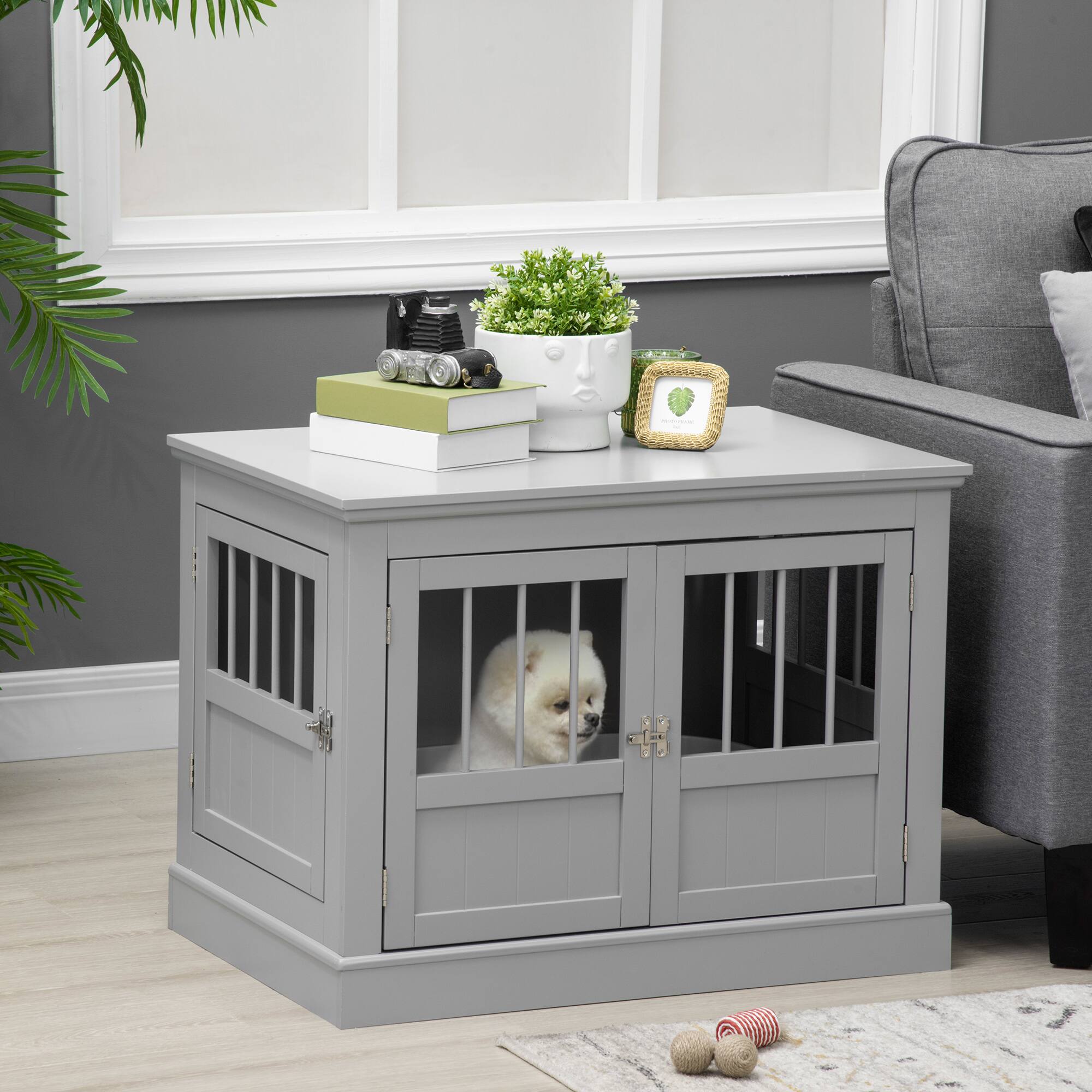 Alt View 4. Siljoy - Wooden Dog Crate End Table with Triple Doors, Magnetic Closure & Steel Frame for Small Dogs.