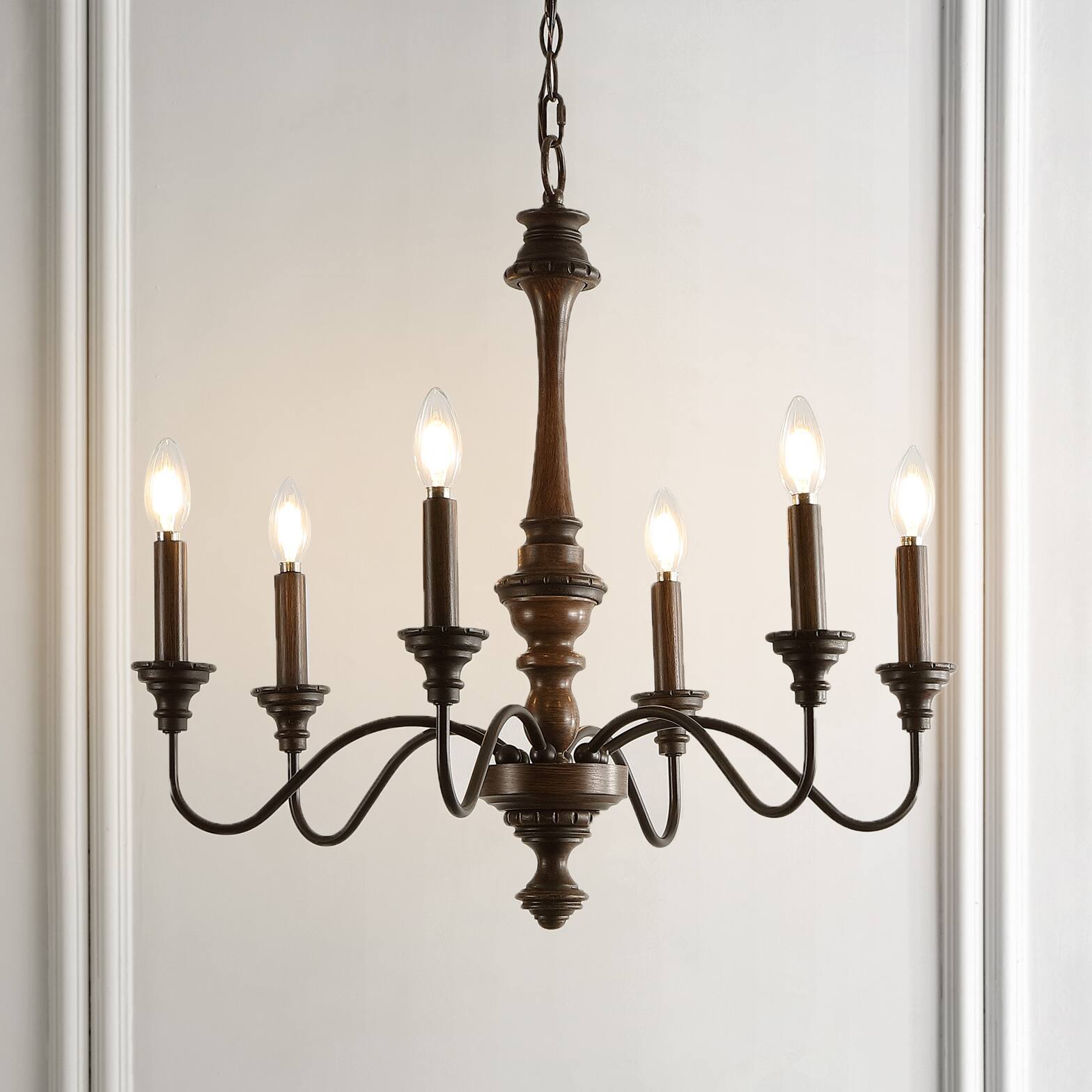Alt View 1. Jonathan Y - Oakley 25" 6-Light Midcentury Farmhouse Iron LED Chandelier, Wood Finished/Oil Rubbed Bronze - Light Brown/Oil Rubbed Bronze.