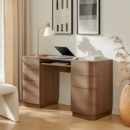 Front. Modway - Mirae 55" 6-Drawer Curved Office Desk by Modway - Brushed Brown Oak.