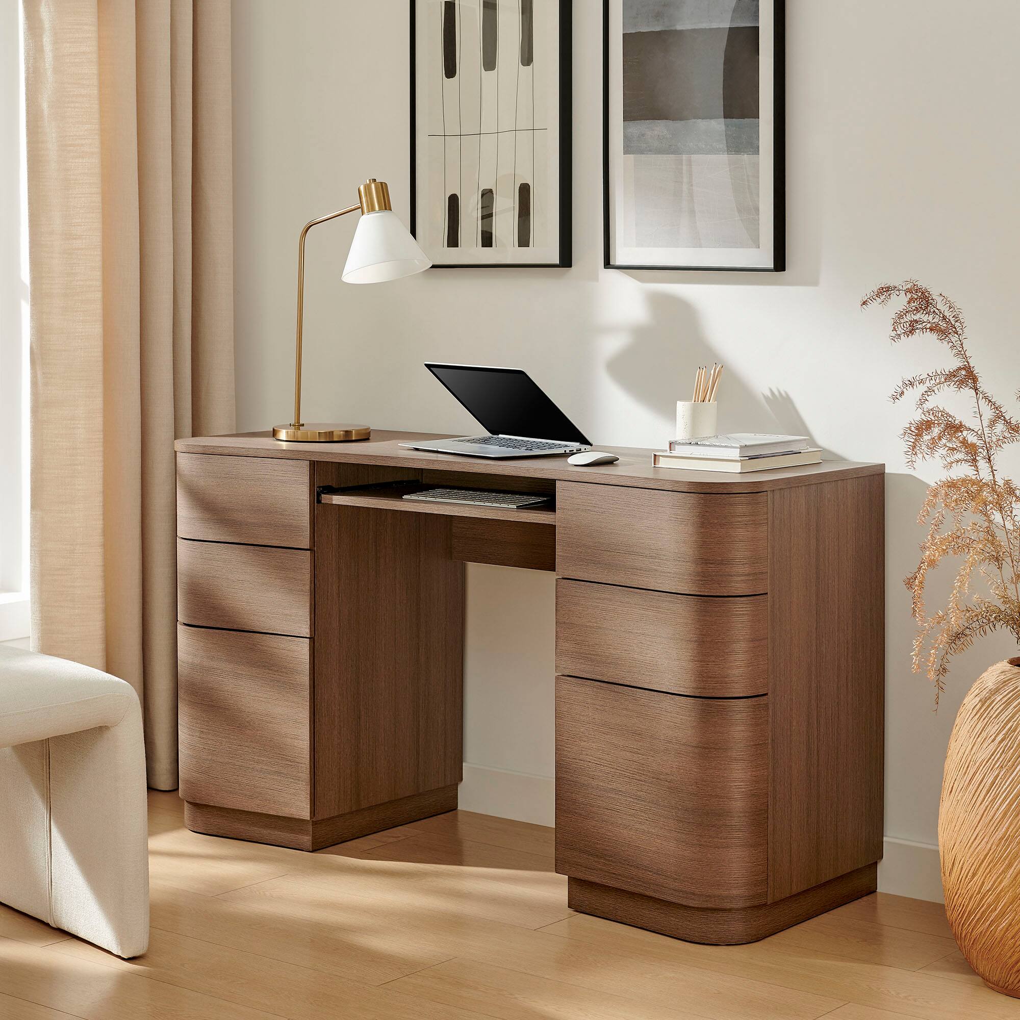 Front. Modway - Mirae 55" 6-Drawer Curved Office Desk by Modway - Brushed Brown Oak.
