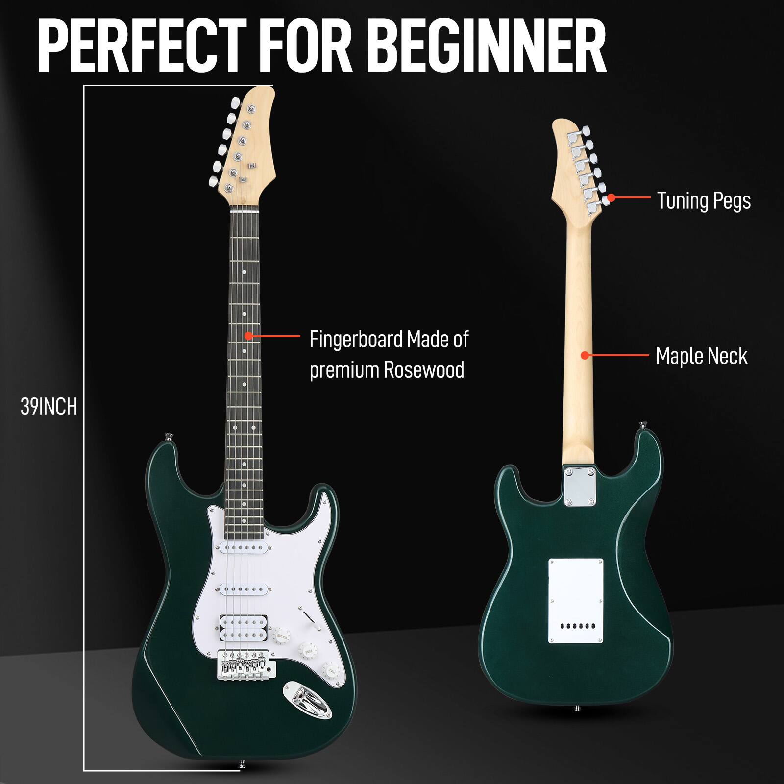PERFECT FOR BEGINNER

- Tuning Pegs
- Maple Neck
- Fingerboard Made of premium Rosewood
- 39INCH