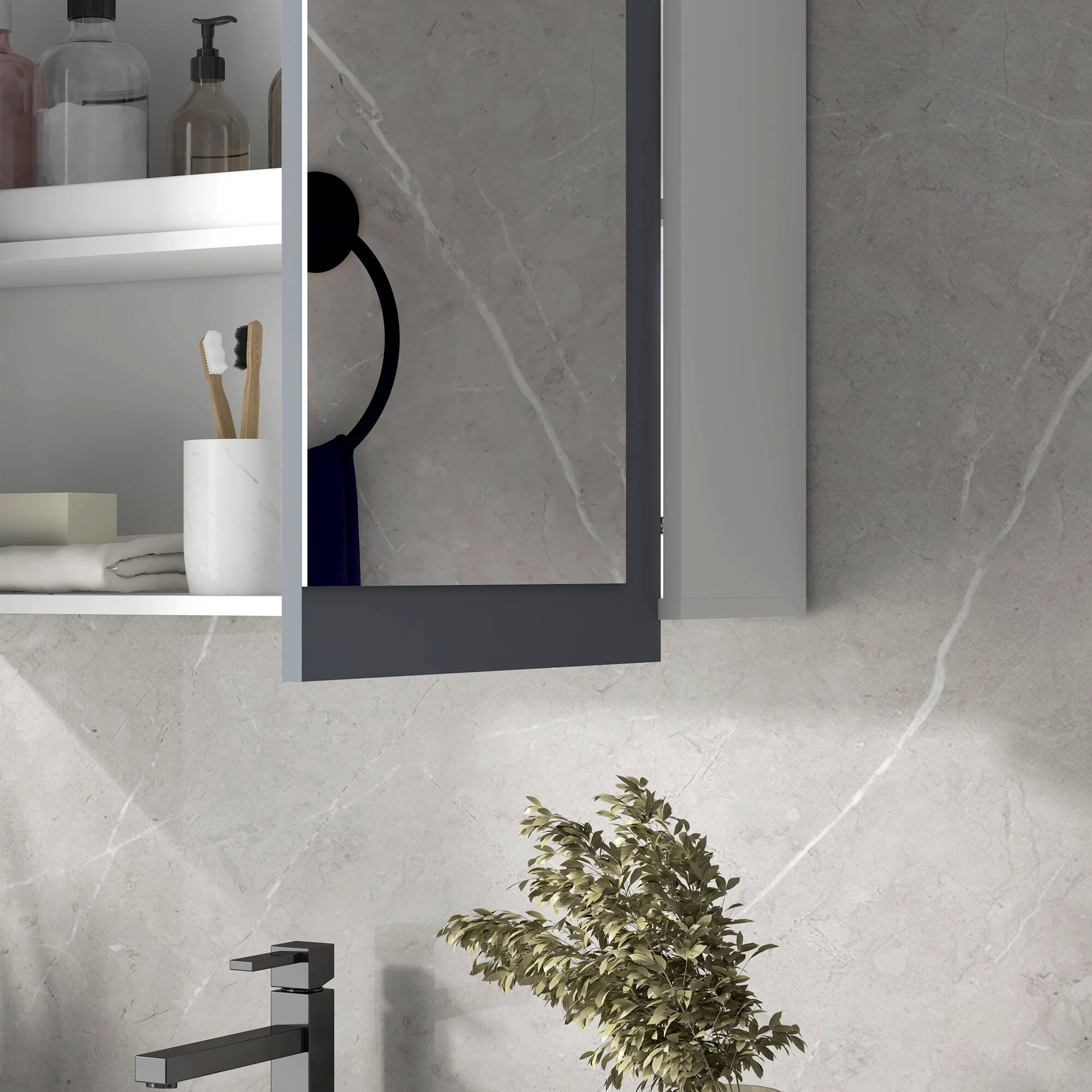 Alt View 5. Homcom - Tall Bathroom Storage Cabinet, Freestanding Linen Tower with 2 Open Shelves and 2 Door Cabinets, White - White.