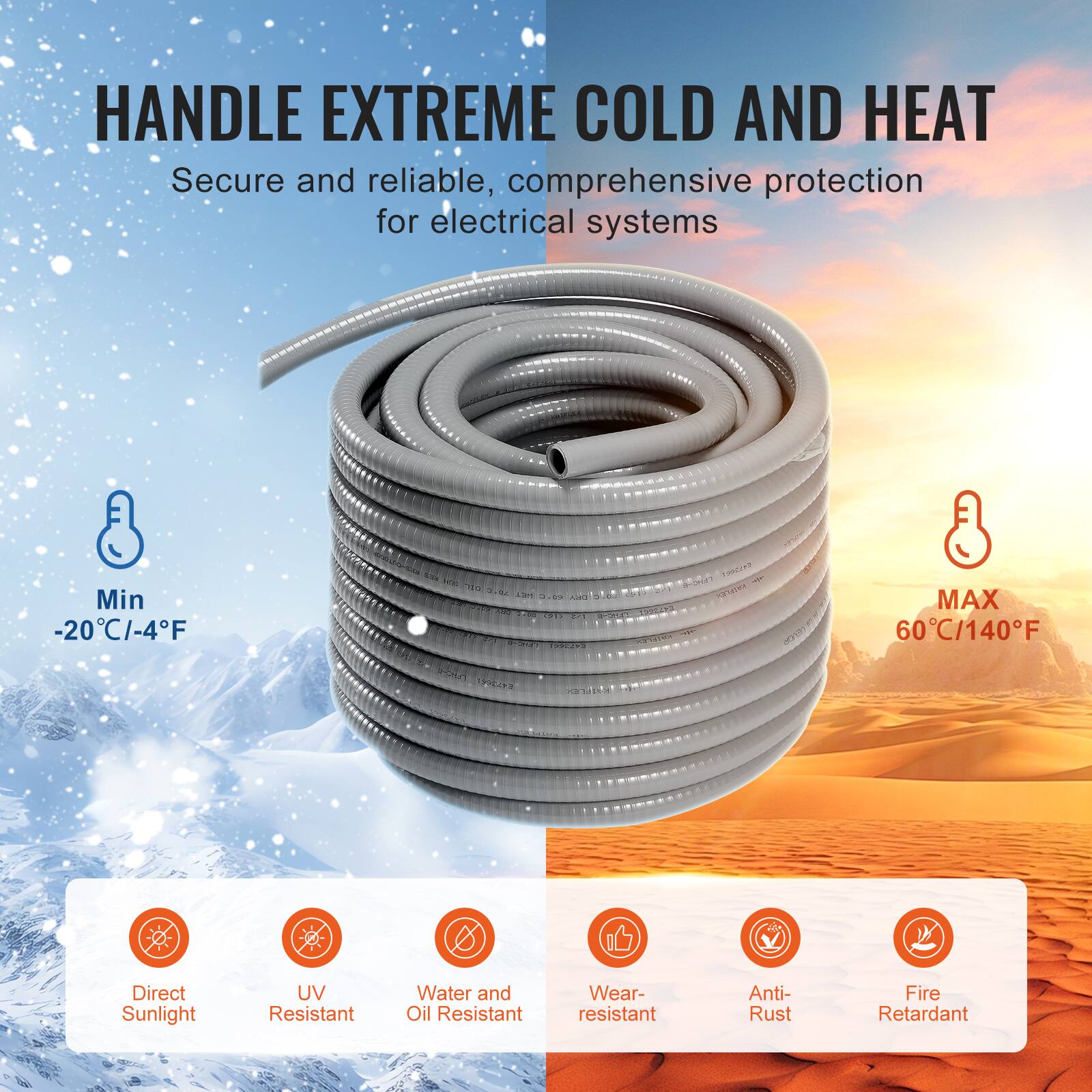 HANDLE EXTREME COLD AND HEAT

Secure and reliable, comprehensive protection for electrical systems

Min -20°C/-4°F

MAX 60°C/140°F

- Direct Sunlight
- UV Resistant
- Water and Oil Resistant
- Wear-resistant
- Anti-Rust
- Fire Retardant