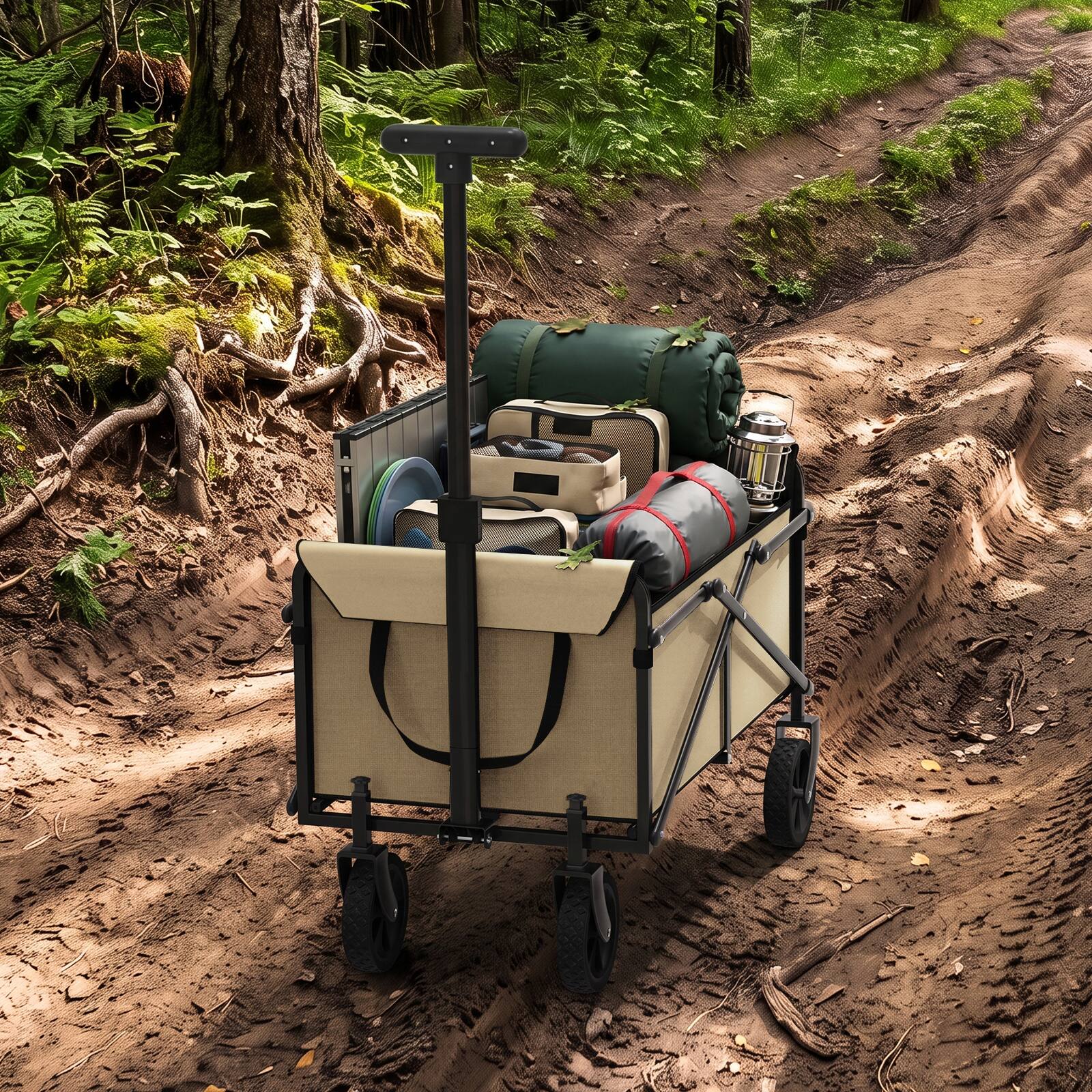 Alt View 2. Oumilen - Khaki Collapsible Folding Wagon Cart, 110L Heavy-Duty Utility Wagon with Adjustable Handle & Removable Wheels 100kg.