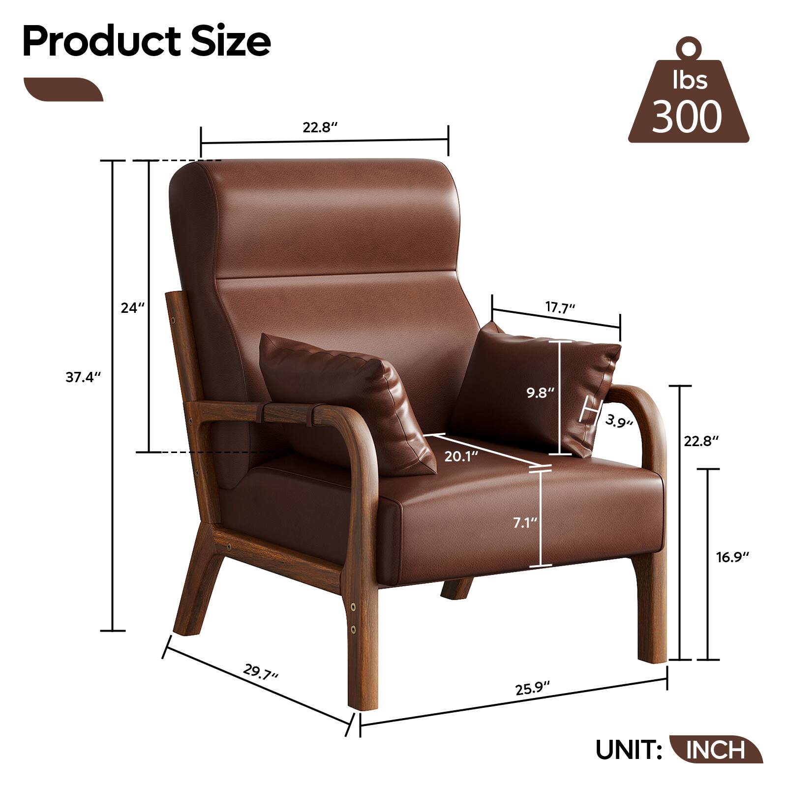 Product Size: 22.8" lbs 300 24" 17.7" 37.4" 20.1" 9.8" H 3.9" 22.8" 7.1" 16.9" 29.7" 25.9" UNIT: INCH