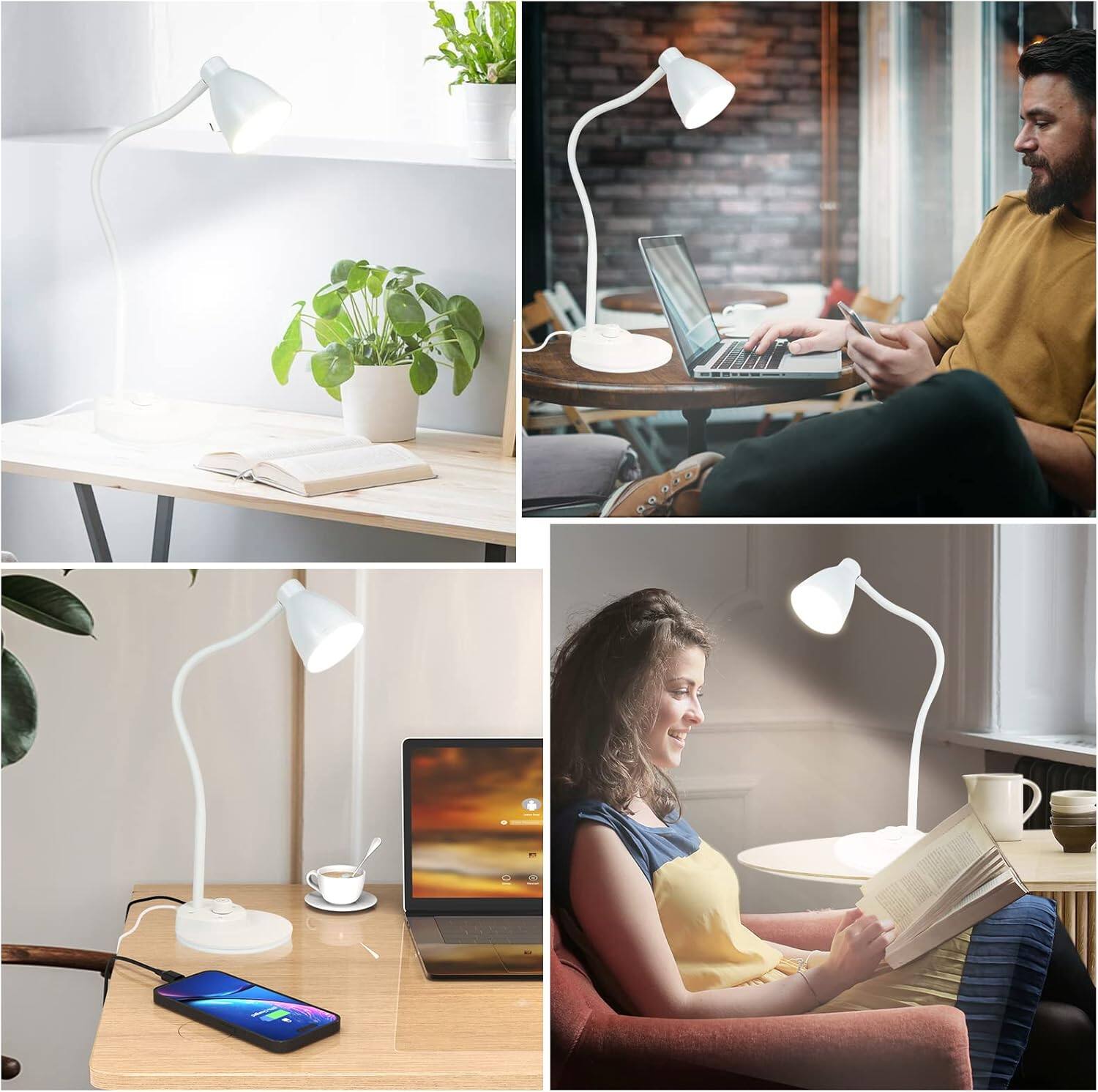 Alt View 4. FINEAK - Smart LED Desk Lamp-Auto-Dimming, Eye-Caring, USB Charging Port - White.