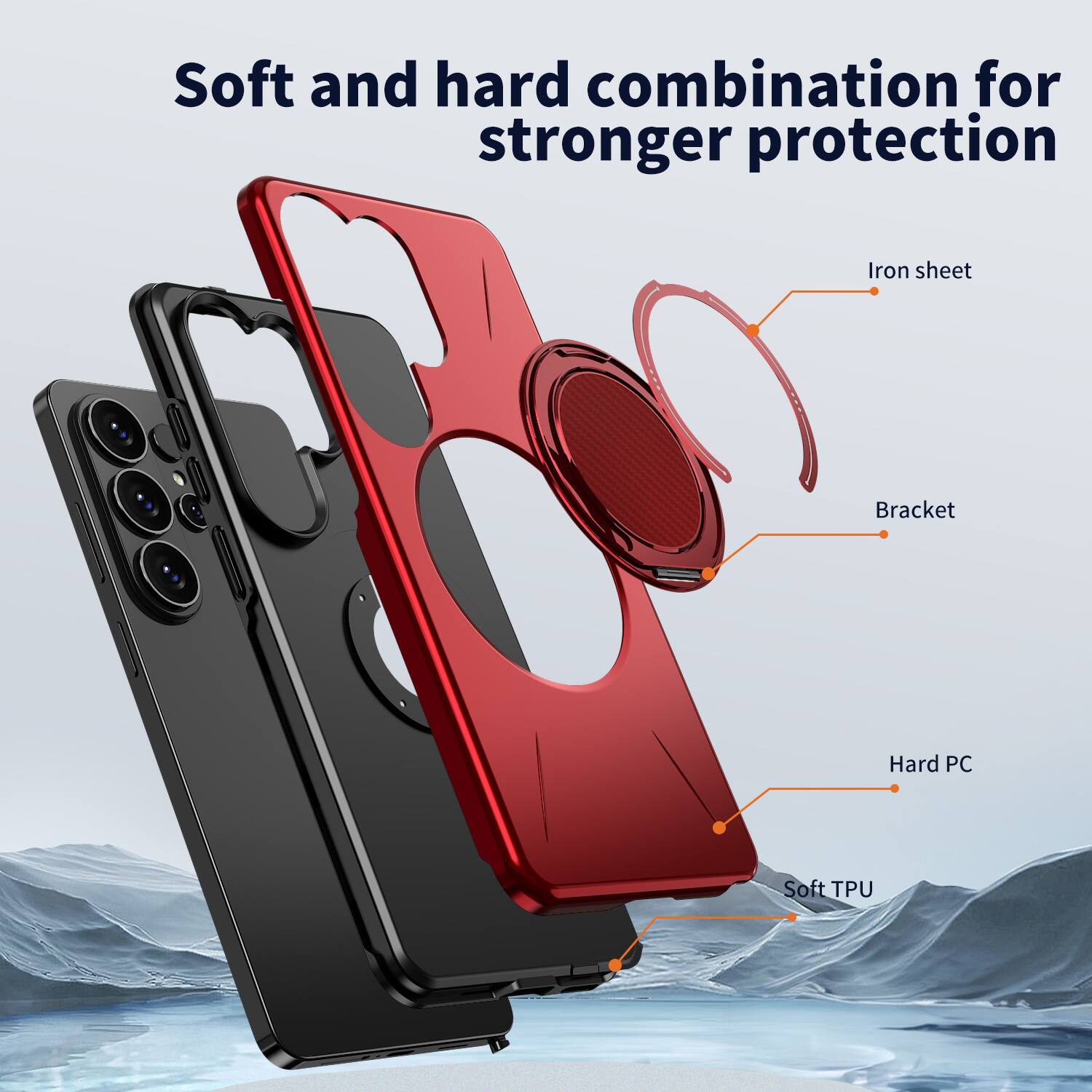 Soft and hard combination for stronger protection

Iron sheet
Bracket
Hard PC
Soft TPU