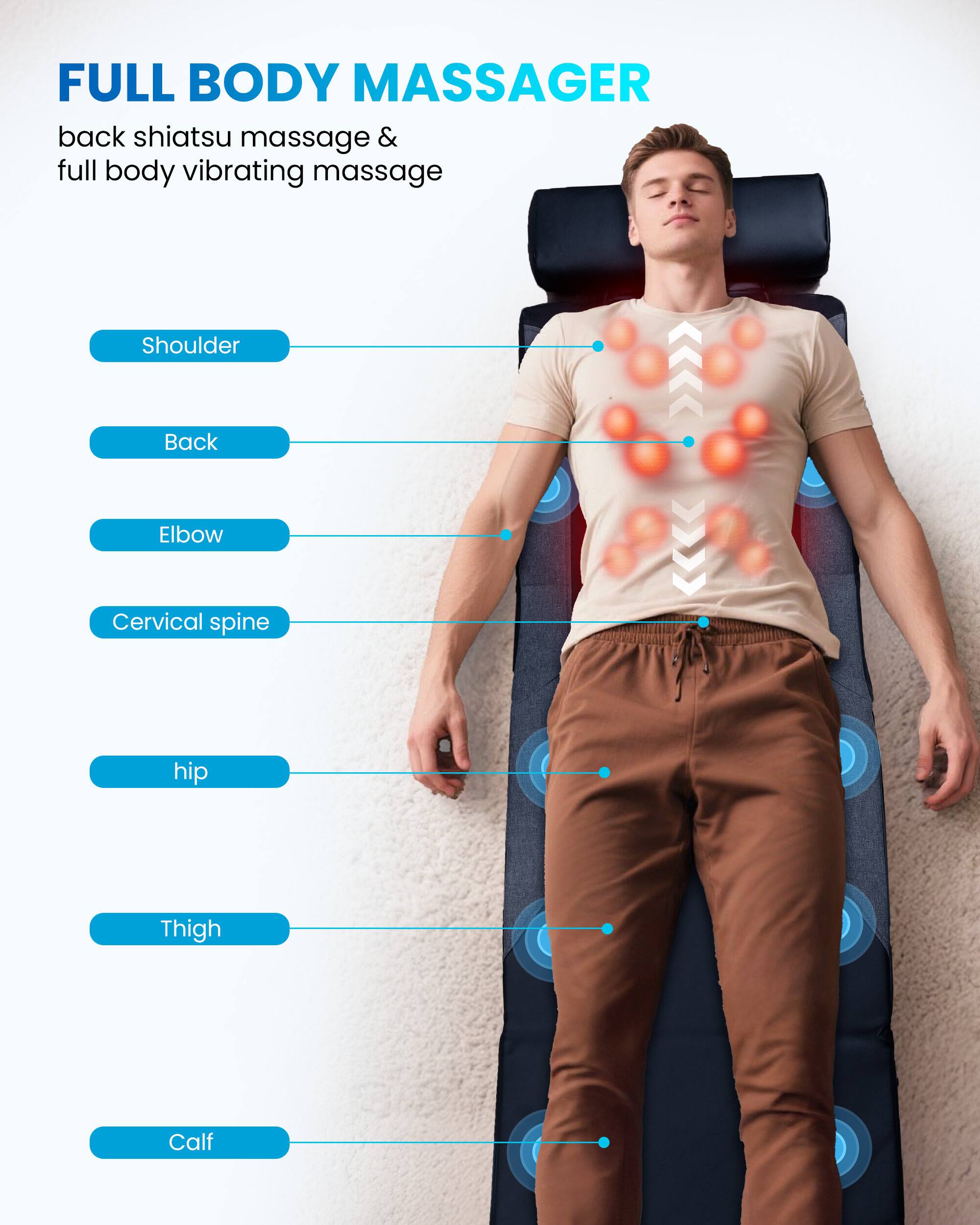 FULL BODY MASSAGER  
back shiatsu massage & full body vibrating massage

- Shoulder
- Back
- Elbow
- Cervical spine
- Hip
- Thigh
- Calf