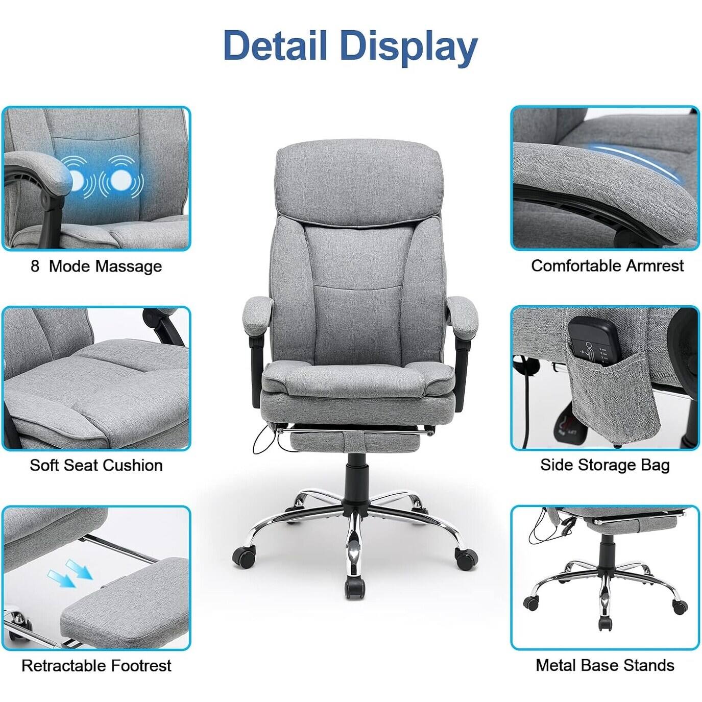 Detail Display

- 8 Mode Massage
- Comfortable Armrest
- Soft Seat Cushion
- Side Storage Bag
- Retractable Footrest
- Metal Base Stands