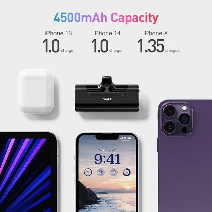 4500mAh Capacity

iPhone 13: 1.0 charge  
iPhone 14: 1.0 charge  
iPhone X: 1.35 charges  

iWALK  

Wed 7  
9:41  
70°  
PAR  
6:41  
7:20