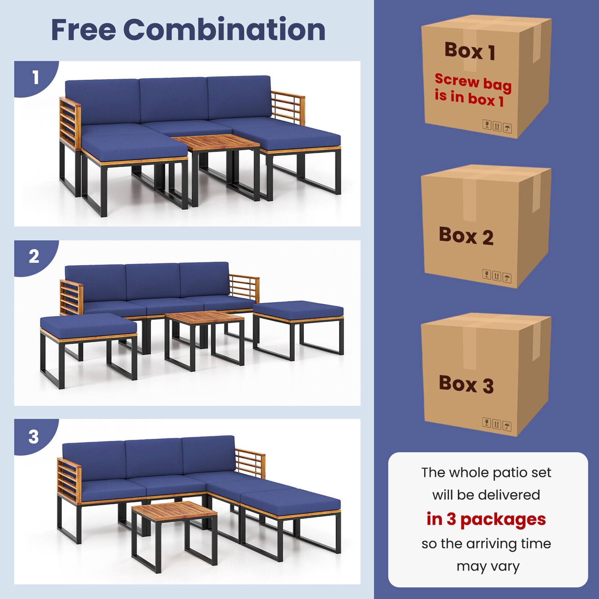 Free Combination

1
2
3

Box 1
Screw bag is in box 1

Box 2

Box 3

The whole patio set will be delivered in 3 packages so the arriving time may vary