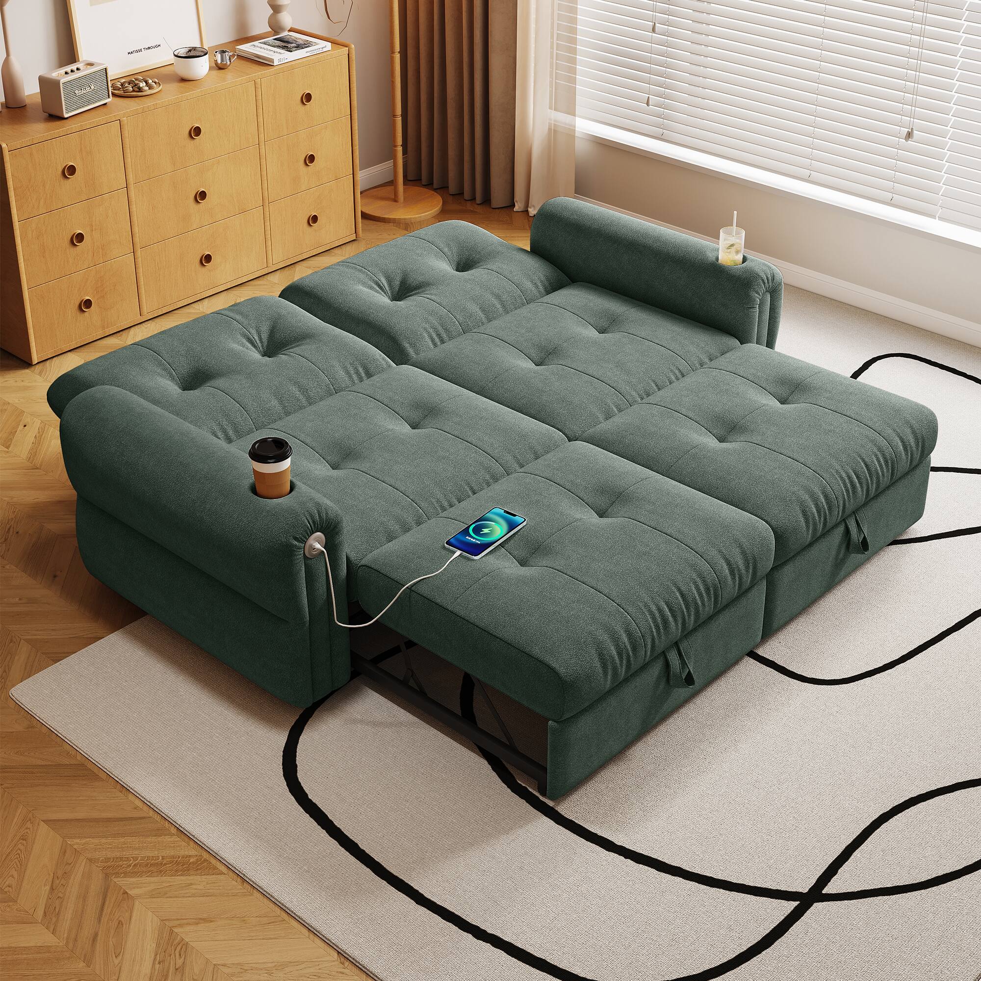 Left. LUCKY ONE - 77" 2-in-1 Convertible Sofa with USB Charging Port and Dual Armrest Cup Holders - Green.