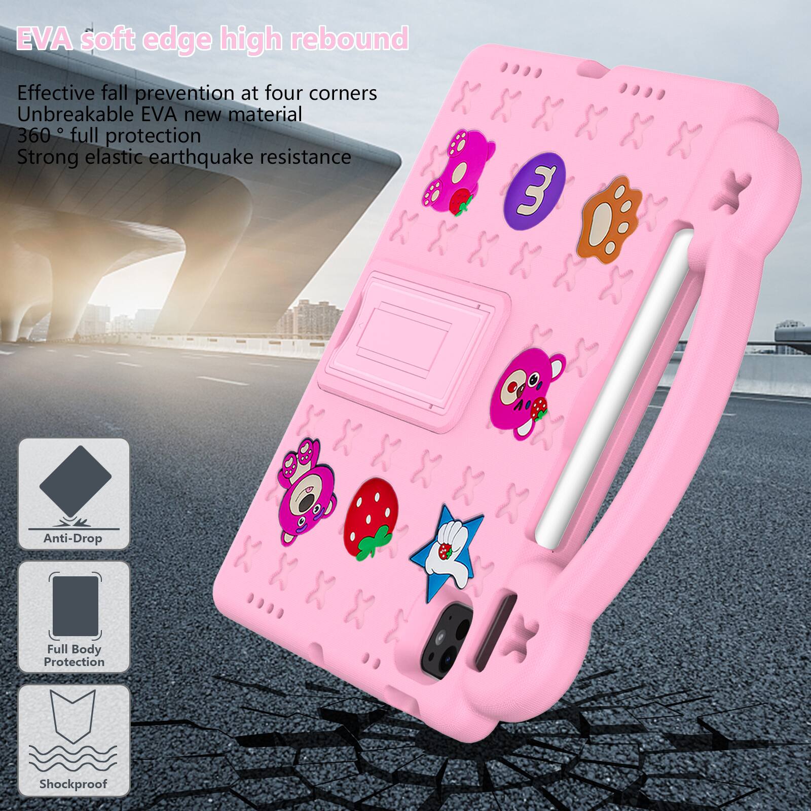 EVA soft edge high rebound  
Effective fall prevention at four corners  
Unbreakable EVA new material  
360° full protection  
Strong elastic earthquake resistance  
Anti-Drop  
Full Body Protection  
Shockproof