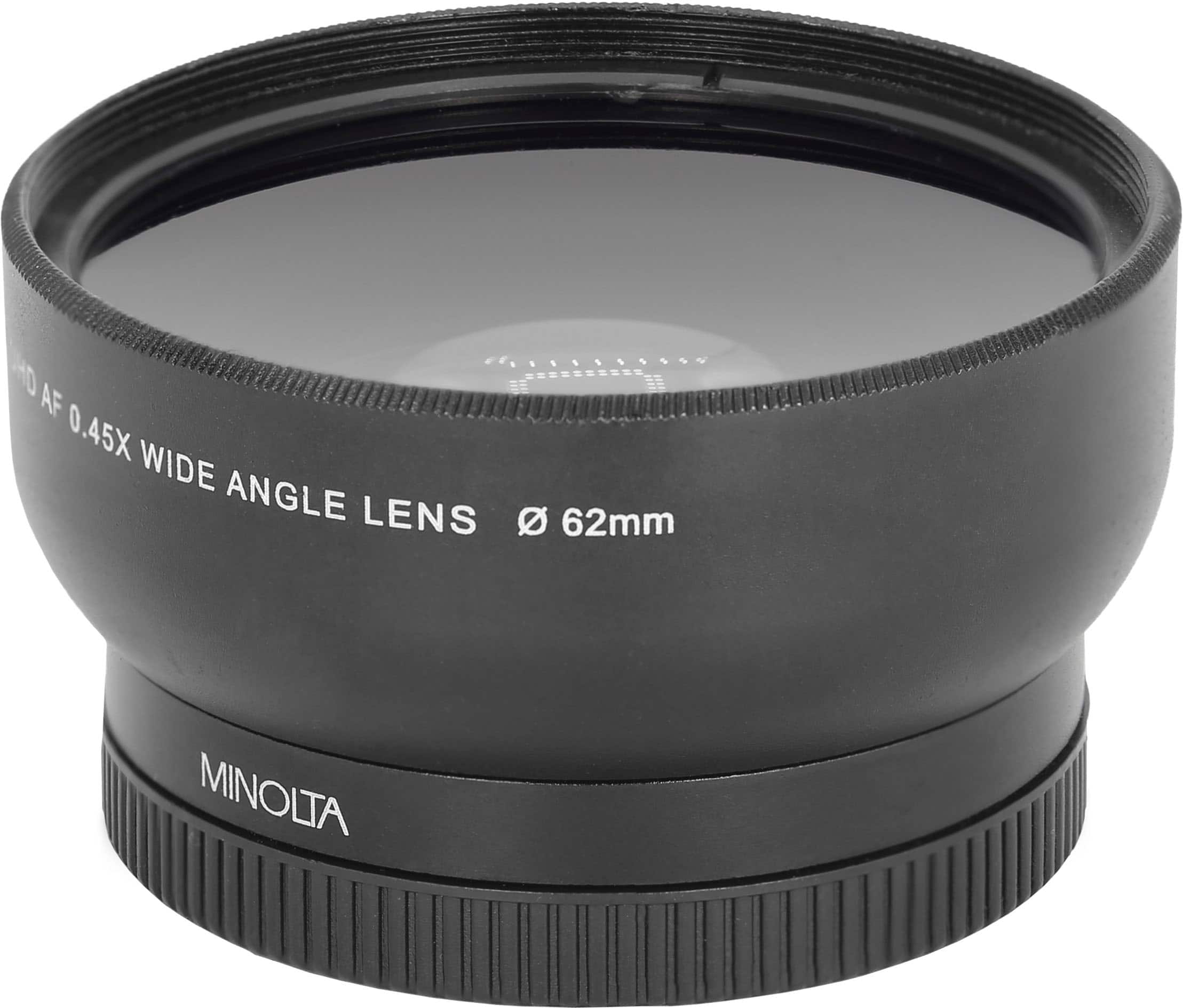 The text on the image reads: "HO E AF 0.45X WIDE ANGLE LENS 62mm MINOLTA."