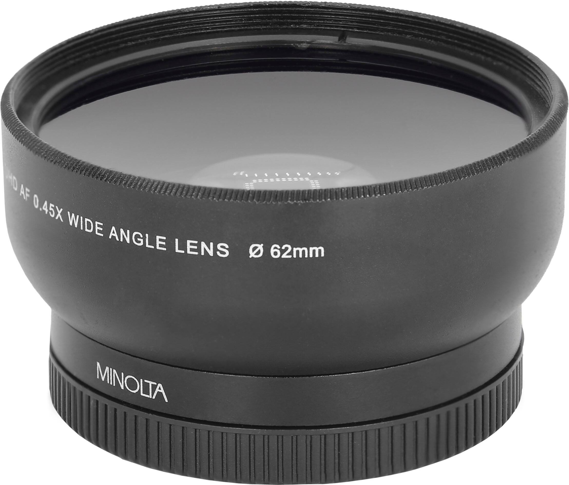 The text on the image reads: "HO E AF 0.45X WIDE ANGLE LENS 62mm MINOLTA."