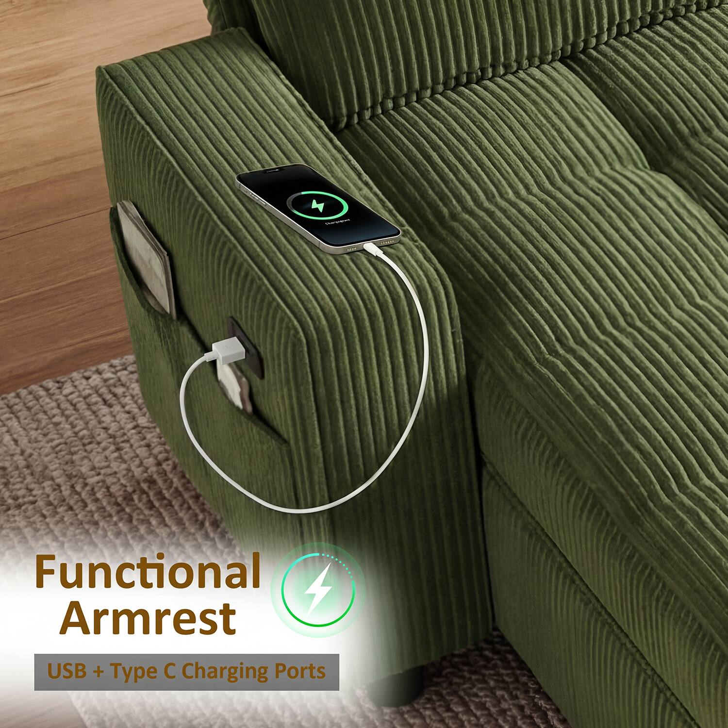 Functional Armrest  
USB + Type C Charging Ports