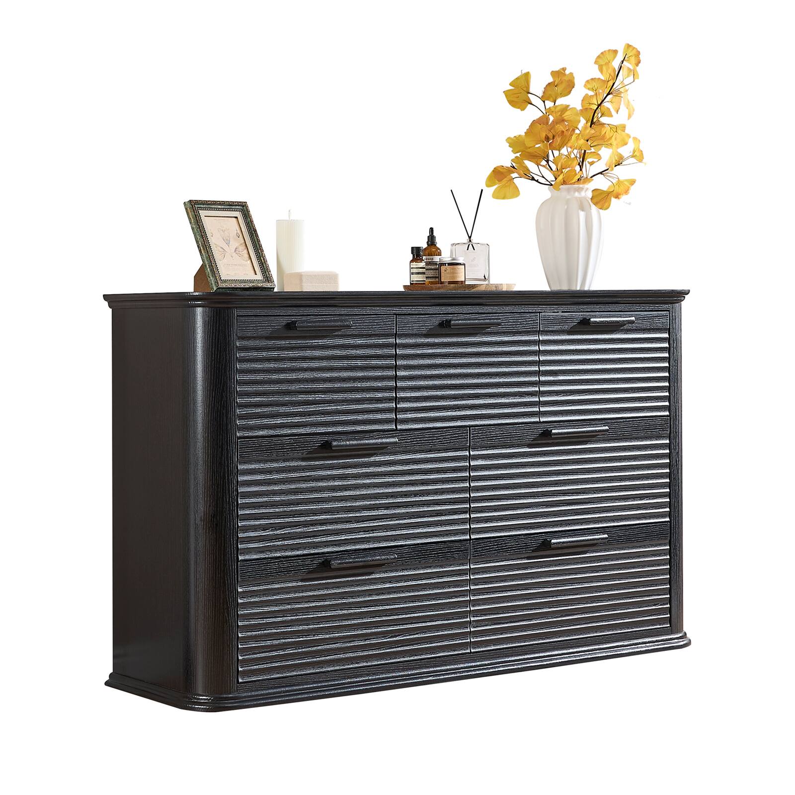 Front. Forest'nSky - Black Wood 7 drawer 52 in. Wide Chest of Drawers with Curved Profile Design for Living Room - Black.