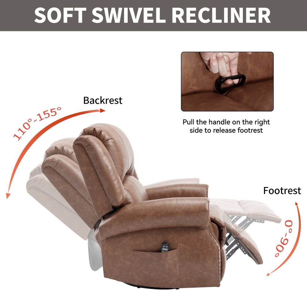 SOFT SWIVEL RECLINER

Backrest 110-155°

Pull the handle on the right side to release footrest

Footrest 0-90°