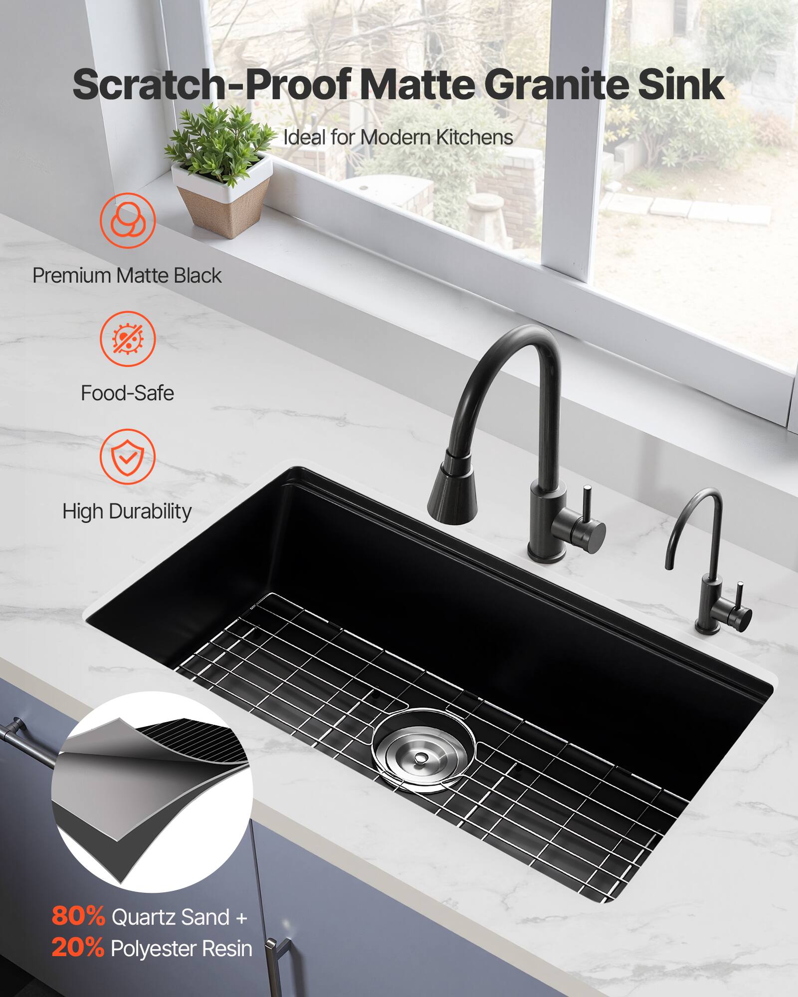 Scratch-Proof Matte Granite Sink  
Ideal for Modern Kitchens  

Premium Matte Black  
Food-Safe  
High Durability  

80% Quartz Sand + 20% Polyester Resin