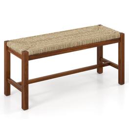 Costway - 40" Long Wood Bench Indoor Dining Entryway End of Bed Bench Natural Seagrass Seat - Beige