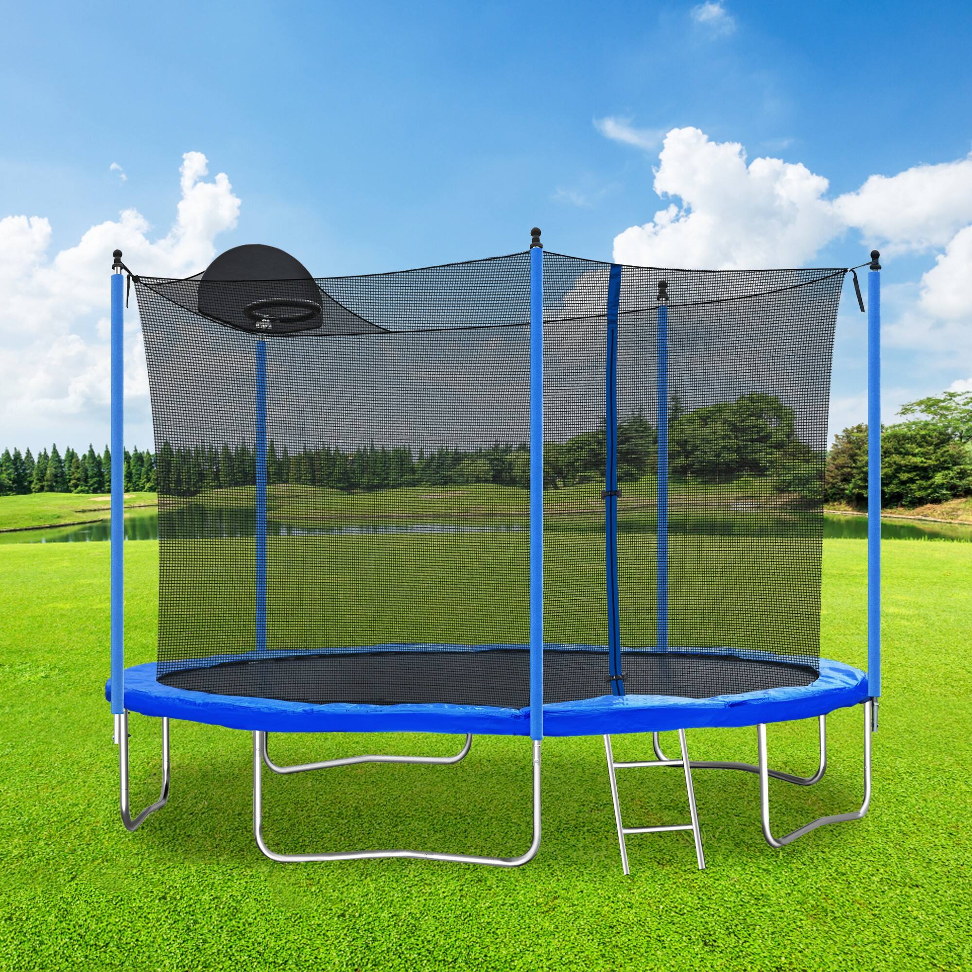 Alt View 1. Ecooso - 12FT Trampoline with Basketball Hoop: Safety Enclosure Net, Ladder, 70 Springs, 5 W-Legs, 200 lb Capacity - Blue.