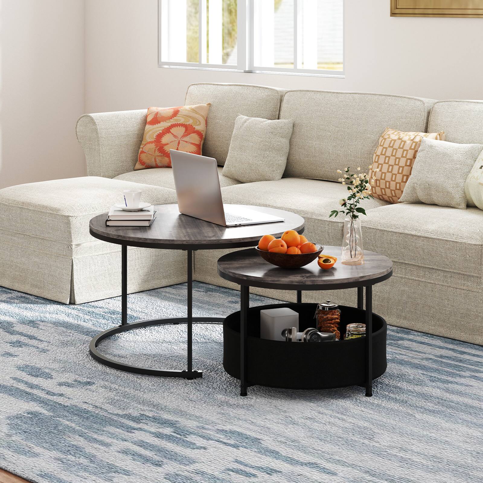 Alt View 3. Gymax - Gymax Round Coffee Table Set of 2 Circle Cocktail Table w/ Fabric Storage Basket - Gray.