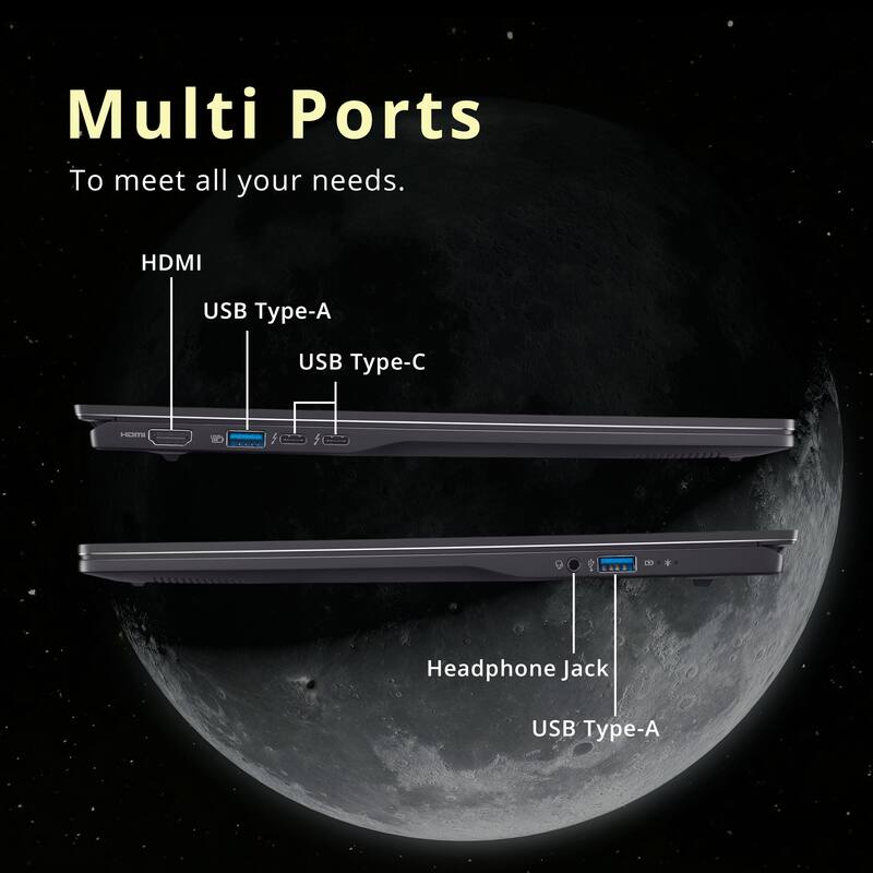Multi Ports  
To meet all your needs.  

- HDMI  
- USB Type-A  
- USB Type-C  
- Headphone Jack  
- USB Type-A