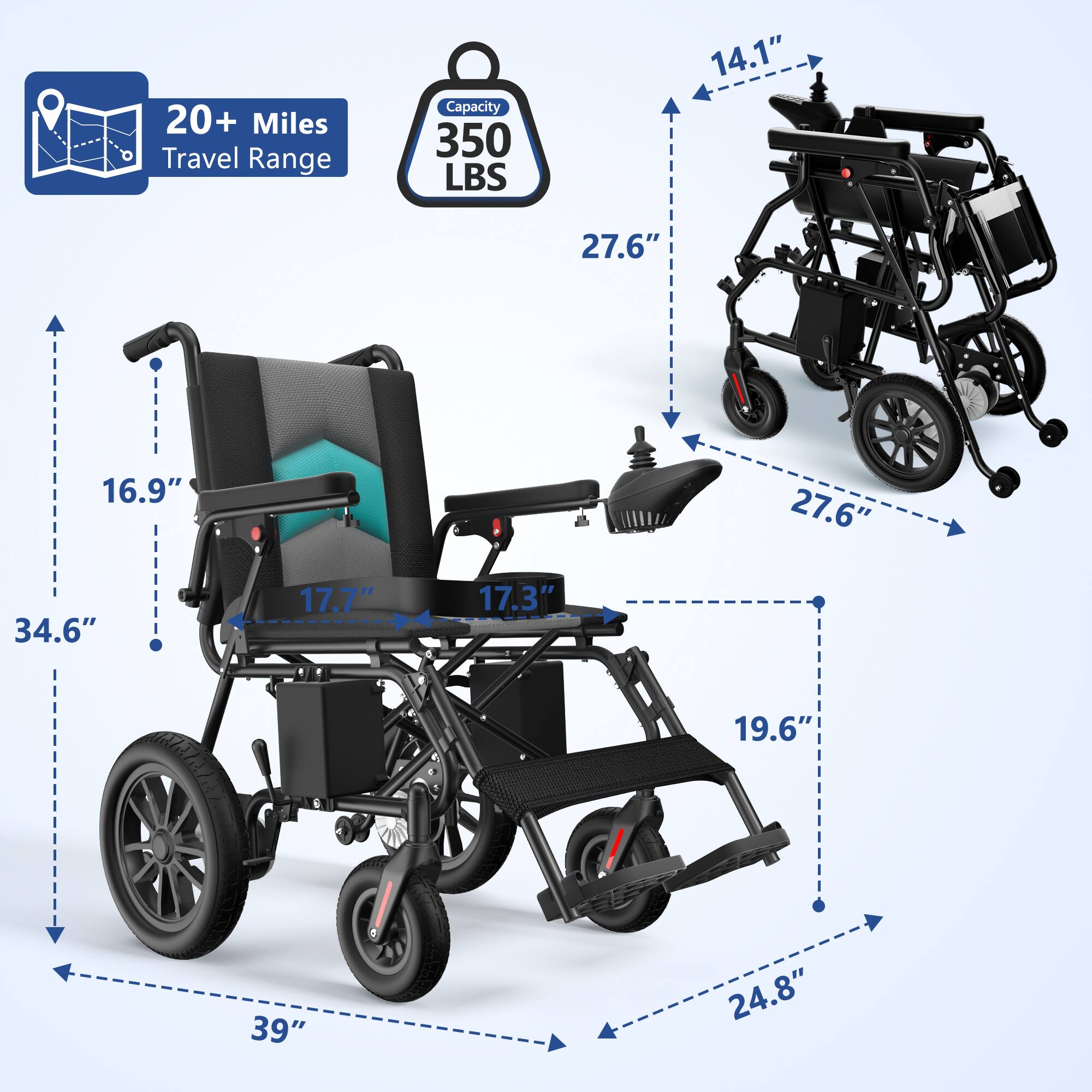 20+ Miles Travel Range  
Capacity 350 LBS  
14.1"  
27.6"  
16.9"  
27.6"  
34.6"  
17.7"  
17.3"  
19.6"  
39"  
24.8"