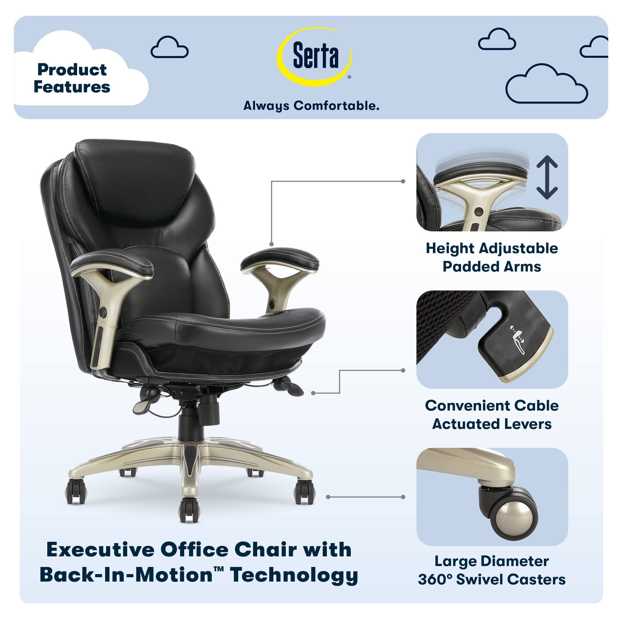 The image features an executive office chair with a black leather exterior and a back-in-motion technology. The chair has height-adjustable padded arms and convenient cable-actuated levers. It also has a large diameter of 360 swivel casters, providing smooth and easy movement. The chair is designed to offer comfort and functionality for the user, making it an ideal choice for an executive office setting.
