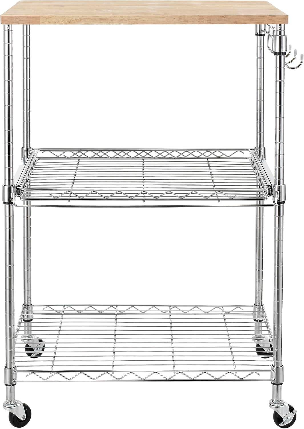 Alt View 6. Finnhomy - Finnhomy 3-Tier Rolling Kitchen Cart – 15" D x 23" W Oak Wood Top with Slider Shelf, Chrome - Chrome.