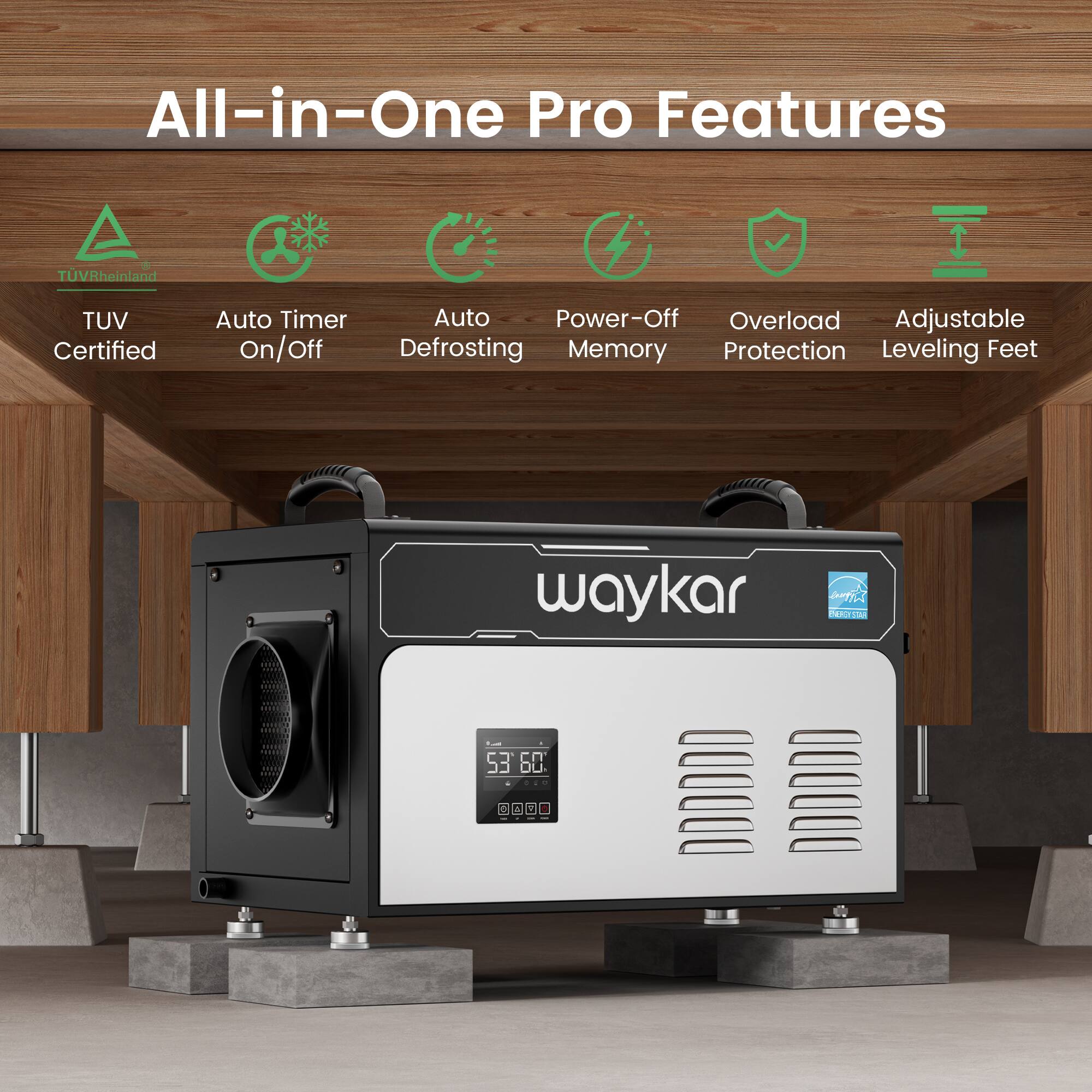 All-in-One Pro Features

- TUV Certified
- Auto Timer On/Off
- Auto Defrosting
- Power-Off Memory
- Overload Protection
- Adjustable Leveling Feet

waykar

53 60