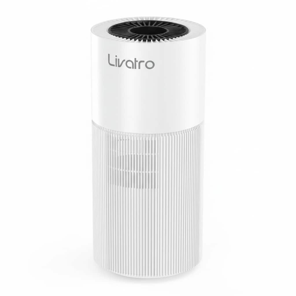 Front. Livatro - 8L Evaporative Humidifier for Large Rooms, Top-Fill, Ultra-Quiet, Smart AI Humidity Control, Easy Clean - White.