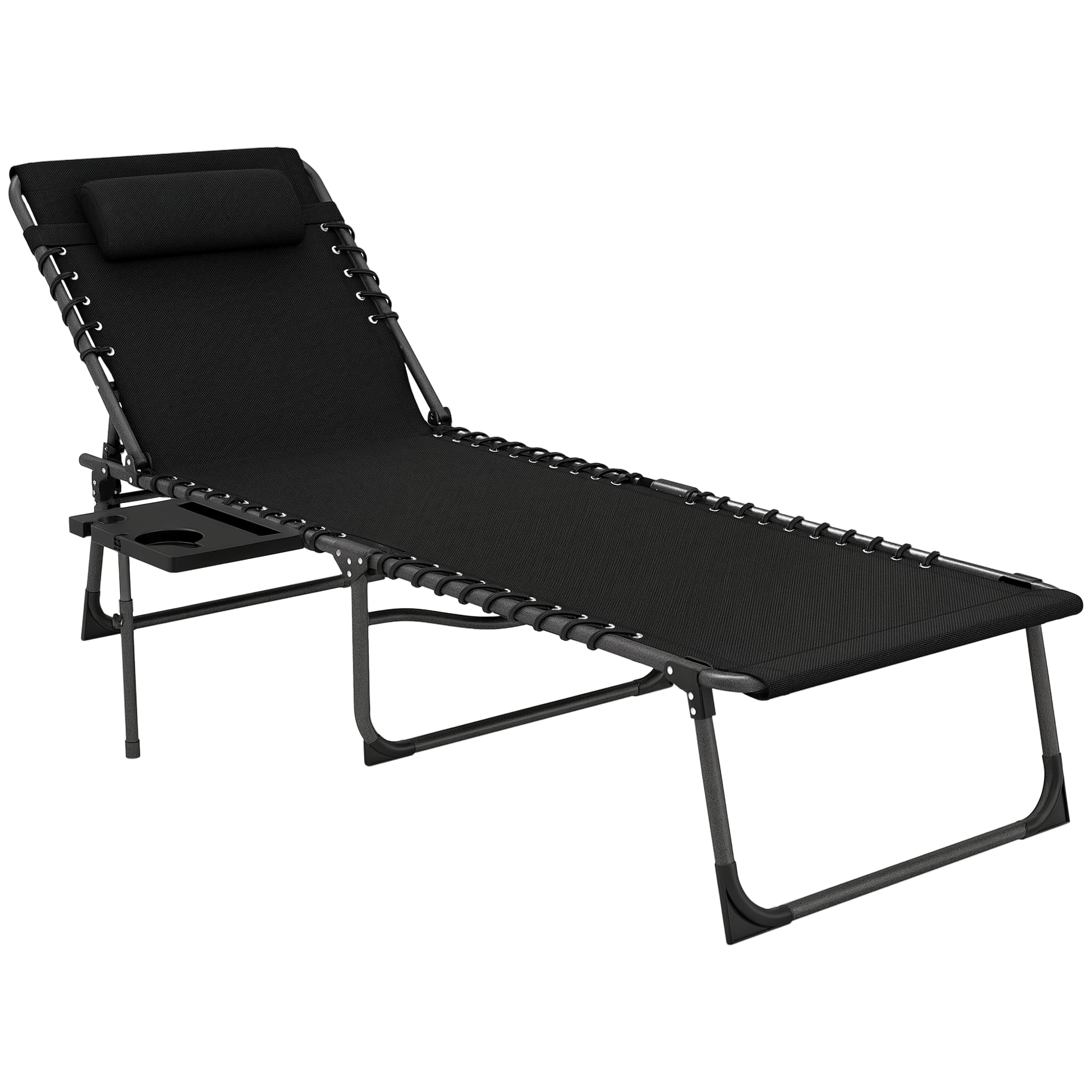 Outsunny - Folding Chaise Lounge Chair Outdoor Tanning Chair with Side Table, 5-Level Adjustable Beach Lounge Chair with Headrest - Black