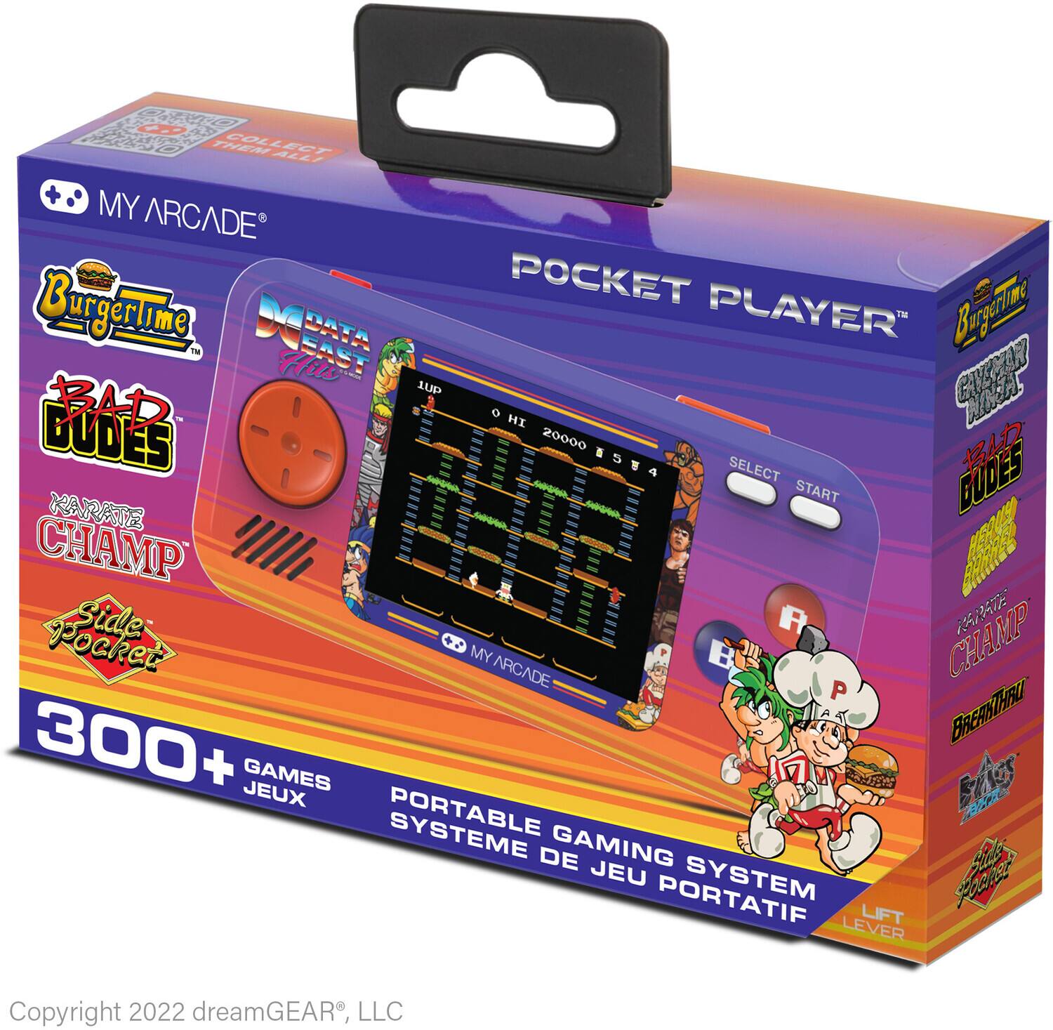 Sure, here is the corrected and grouped text from the image:

---

**MY ARCADE®**

**POCKET PLAYER™**

**BurgerTime™**

**Bad Dudes**

**Slide Pocket**

**300+ GAMES**

**PORTABLE GAMING SYSTEM**

**PORTABLE GAMES SYSTEME DE JEU PORTATIF**

**LIFT LEVER**

**COLLECT THEM ALL**

**DATA EAST**

**SELECT START**

**20000**

**5**

**4**

**3**

**2**

**1**

**0**

**HI**

**WOKCS**

**BUDES**

**20000**

**5**

**4**

**3**

**2**

**1**

**0**

**HI**

**WOKCS**

**BUDES**

**Copyright 2022 dreamGEAR®, LLC**

---