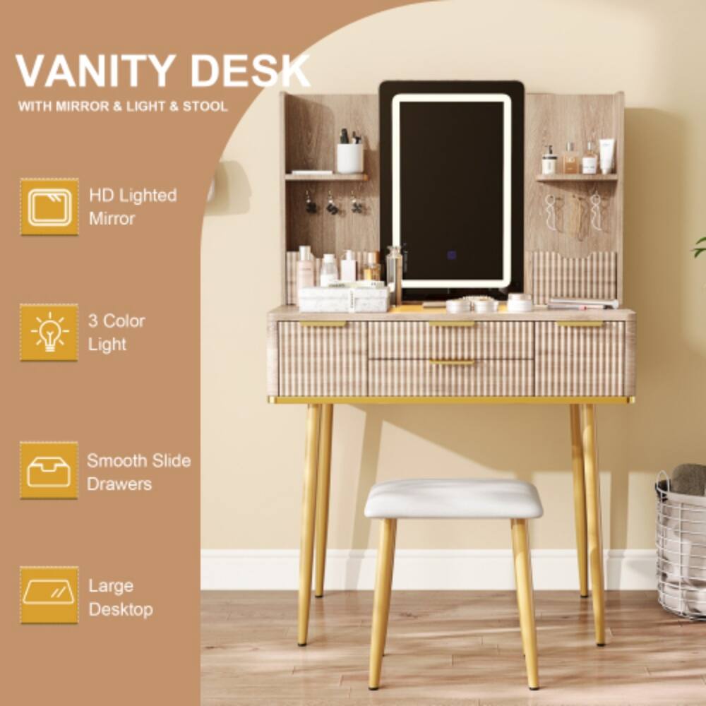 VANITY DESK WITH MIRROR & LIGHT & STOOL

- HD Lighted Mirror
- 3 Color Light
- Smooth Slide Drawers
- Large Desktop
