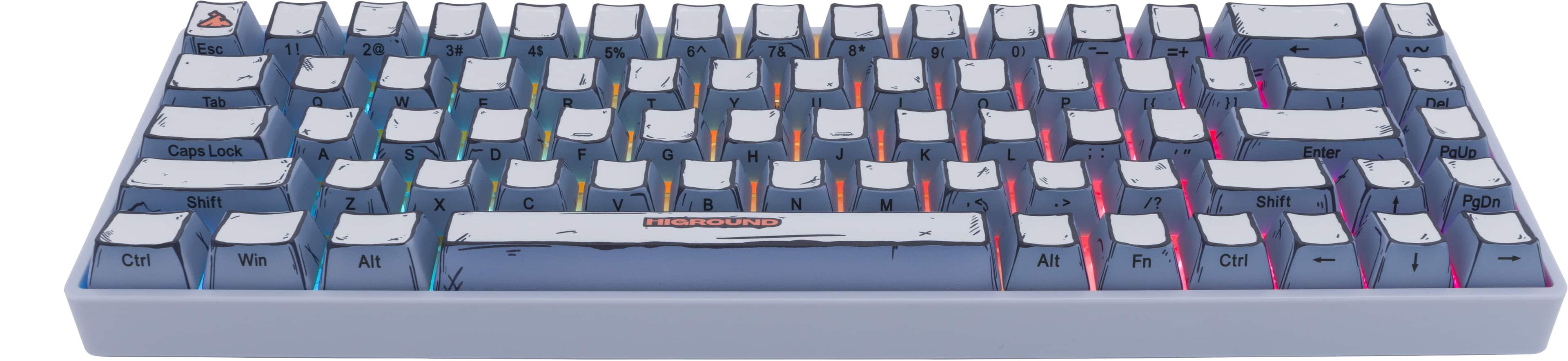 The text on the image reads:
Y I Esc 1! 2@ 3# 4$ 5% 6 7& 8* 9( 0) & Tab O W E R T Y > 11 I 4 O P 11 Del Caps Lock A S D F G H J K L Enter PaUD Shift Z X C V N HIGROUND M /? Shift PgDn Ctrl Win Alt Alt Fn Ctrl