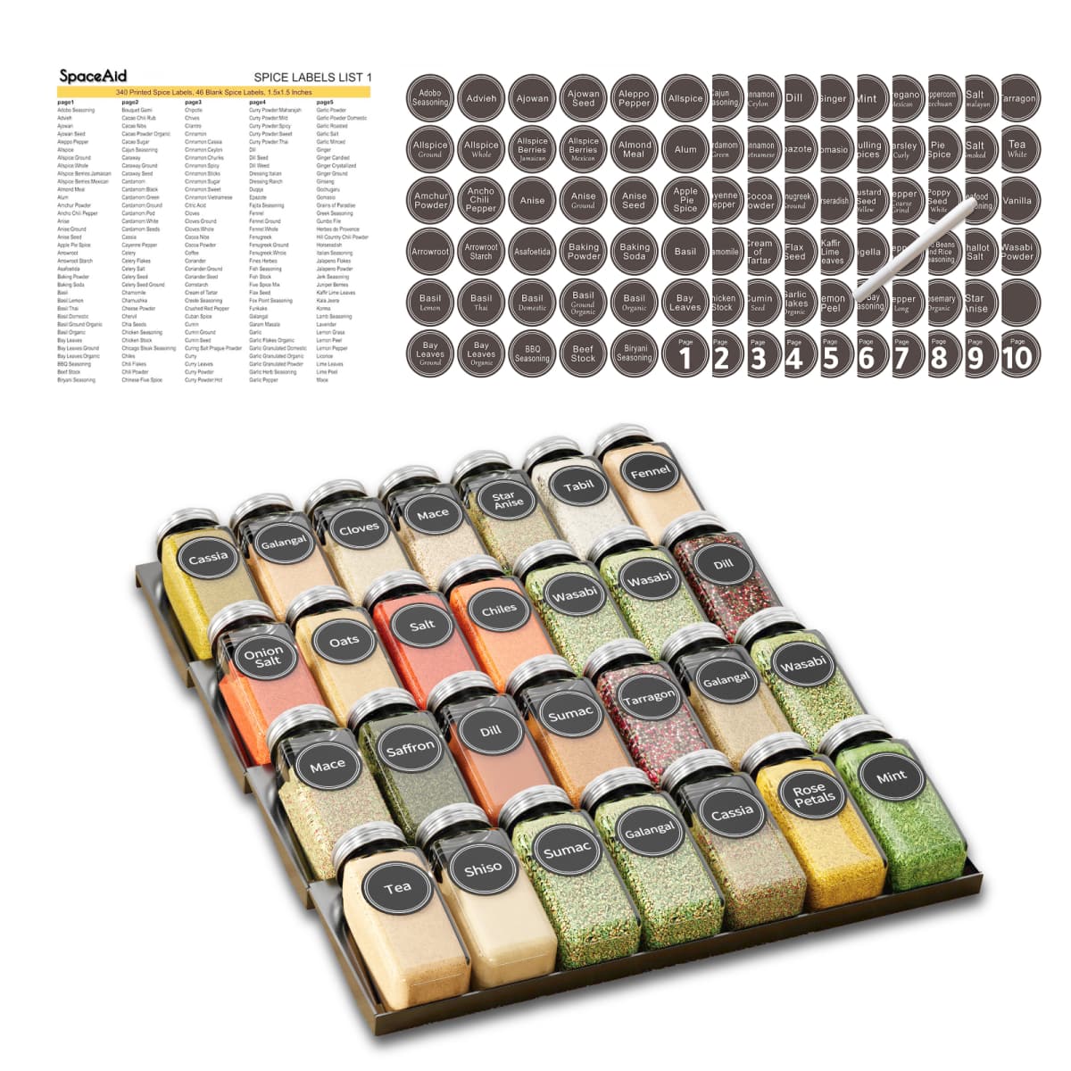 Tooloton - Spice Drawer Organizer, 28 Jars with 386 Labels, 4-Tier Rack Tray Insert, 13x17.5 Inches, 28 Jars included - Black