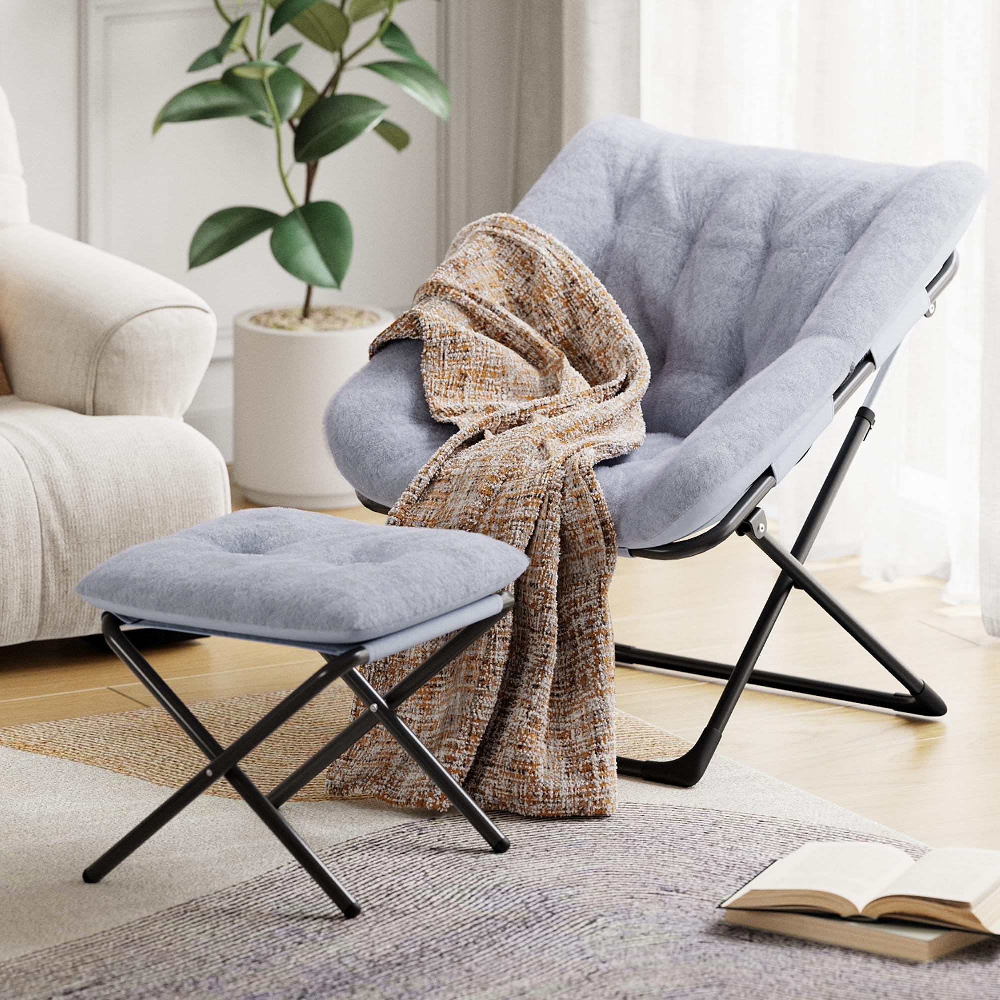 Back. Jojoka - Folding Dish Saucer Chair with Ottoman, Oversized Faur Fur Lazy Sofa XL Foldable Lounge Comfy Accent Chair - Gray.