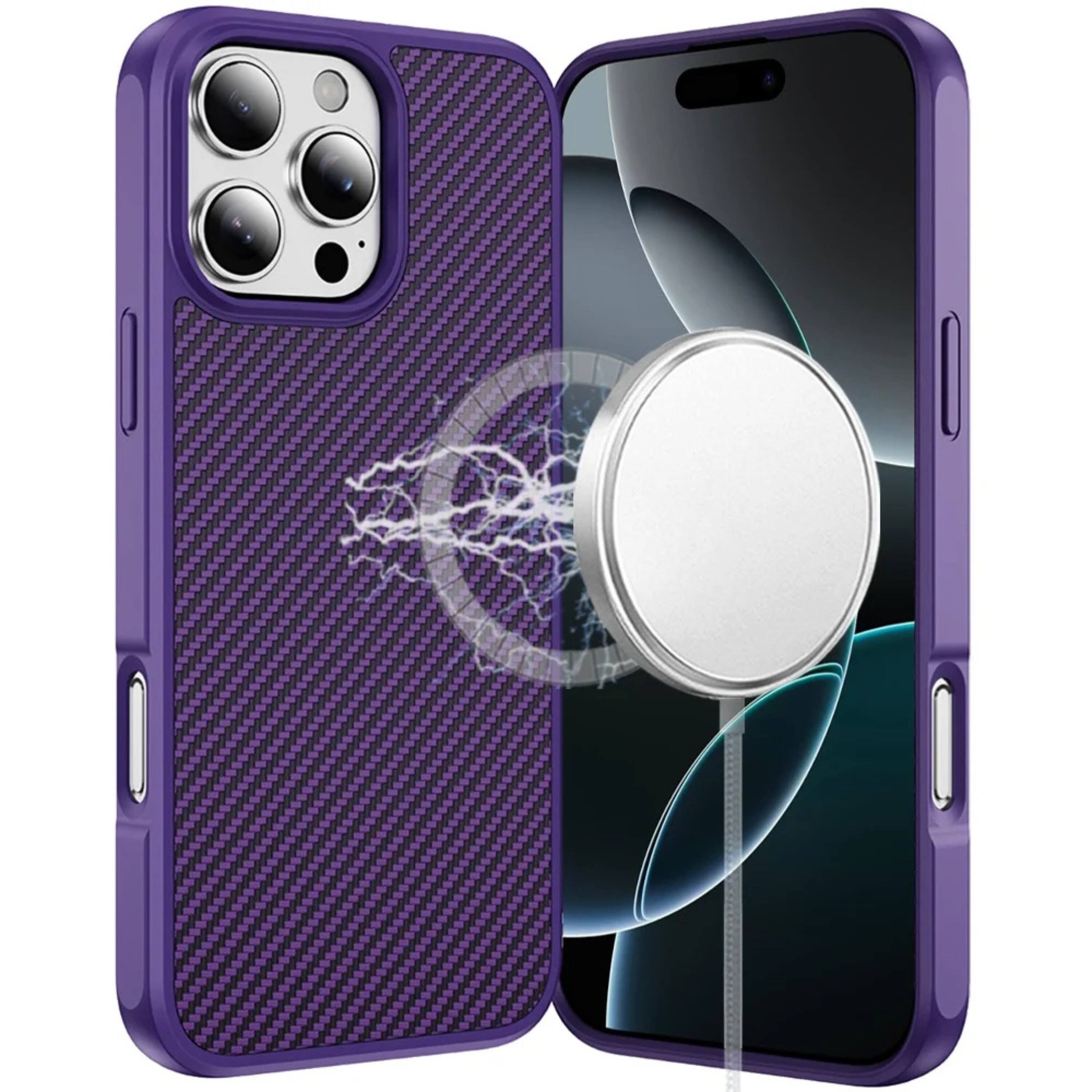 Front. Kitcheniva - Carbon Fiber Print Hidden Magnetic Circle Phone Case With Tempered Glass For iPhone 16 Pro Max Dark Purple - Dark Purple.