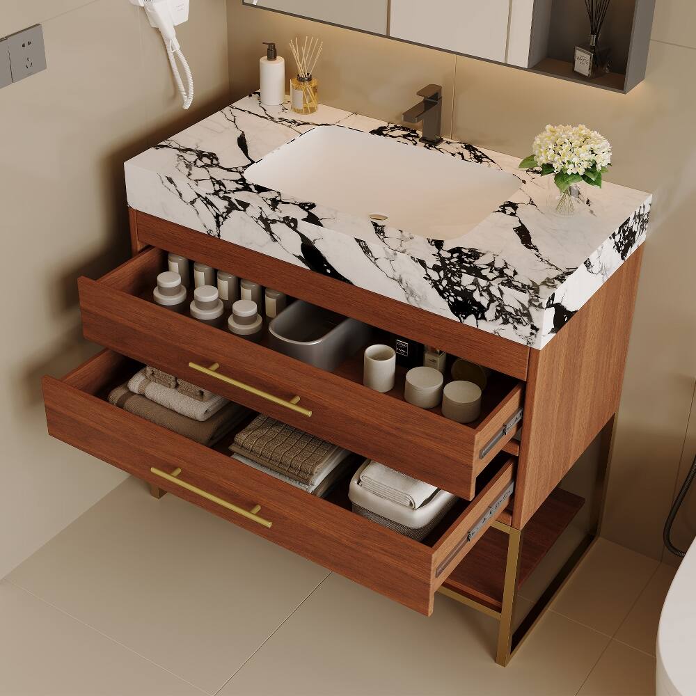 Alt View 3. Loheer - Loheer 30 inch freestanding bathroom vanity with sintered stone top, walnut and gold - Walnut, Gold, White.