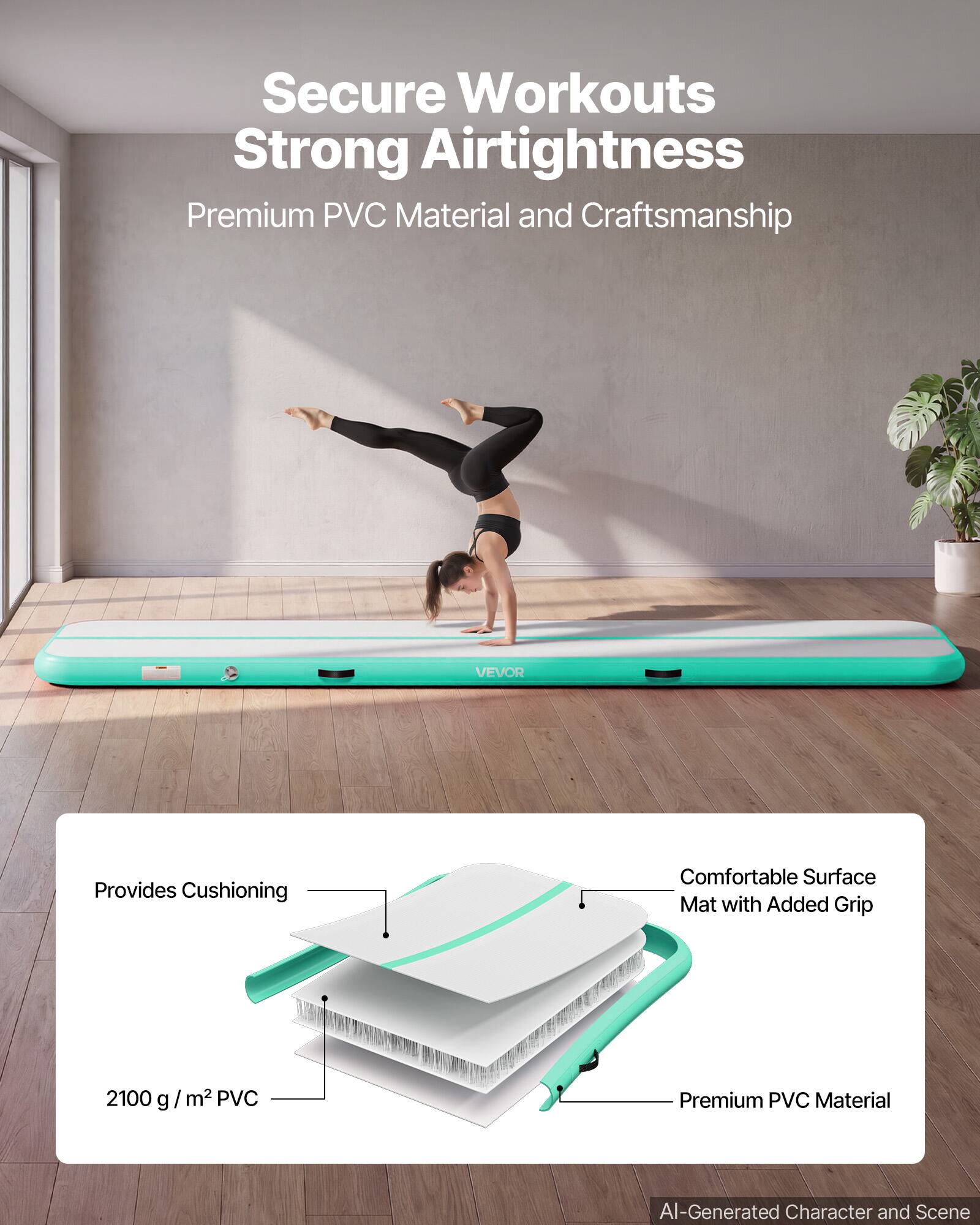 Secure Workouts Strong Airtightness  
Premium PVC Material and Craftsmanship  
VEVOR Provides Cushioning  
Comfortable Surface Mat with Added Grip  
2100 g / m² PVC  
Premium PVC Material  
AI-Generated Character and Scene