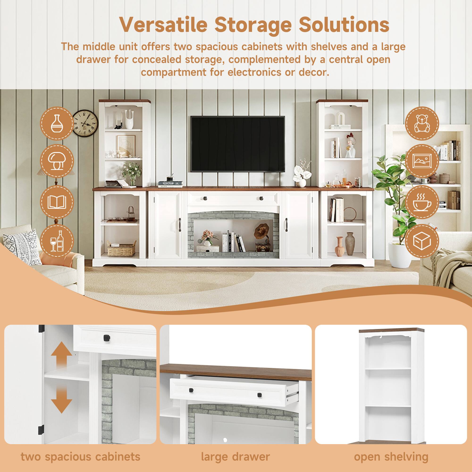 Versatile Storage Solutions

The middle unit offers two spacious cabinets with shelves and a large drawer for concealed storage, complemented by a central open compartment for electronics or decor.

- two spacious cabinets
- large drawer
- open shelving